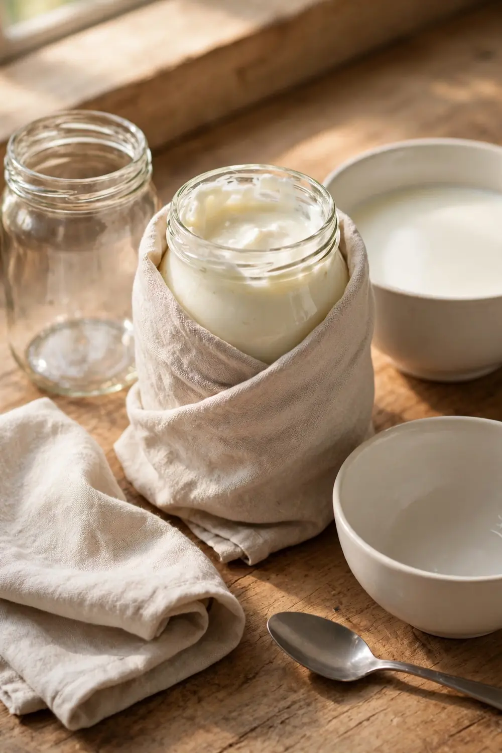 Jar of yogurt wrapped in a towel in a warm spot