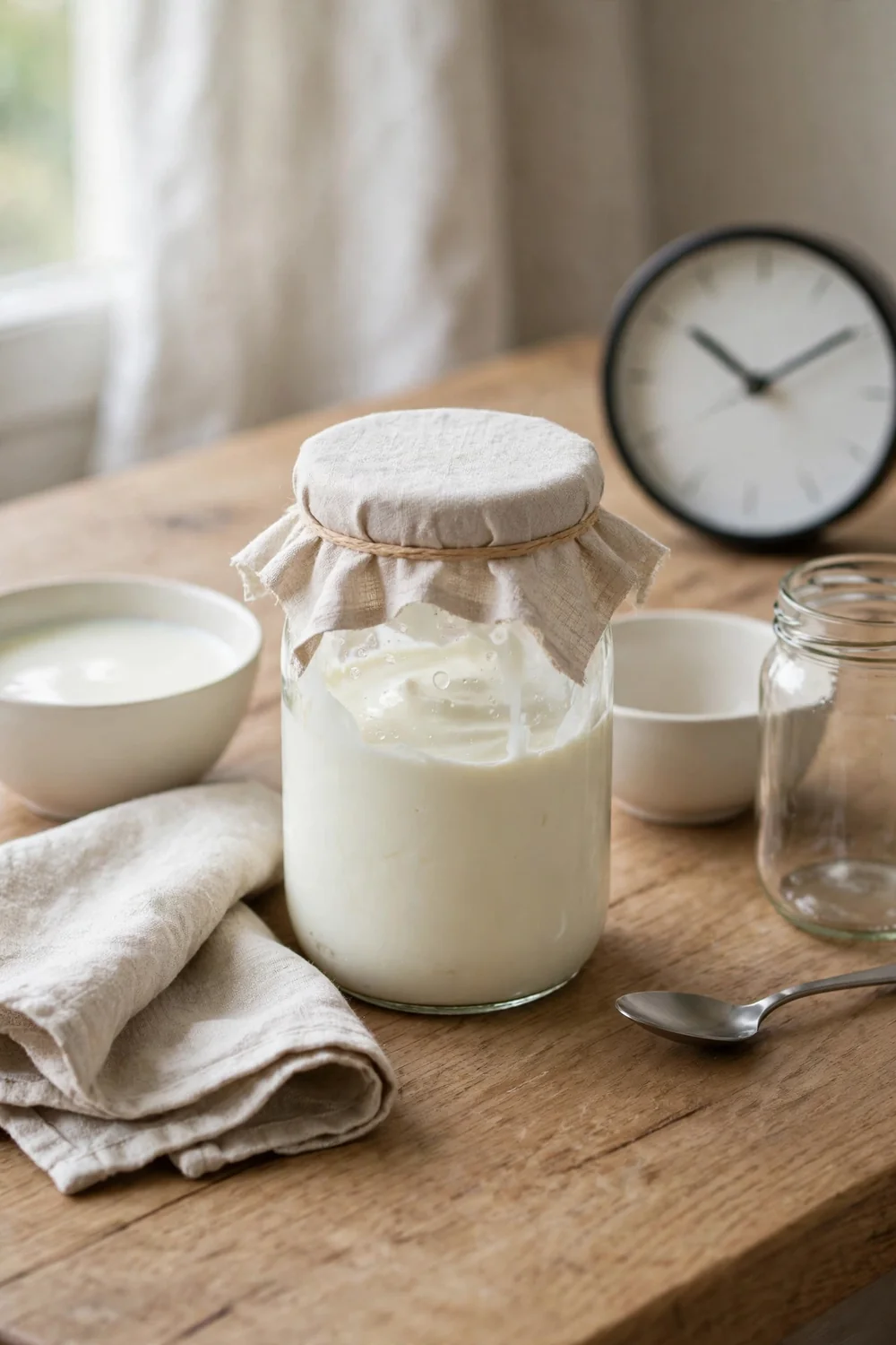 Jar of yogurt culturing on a table with a clock nearby