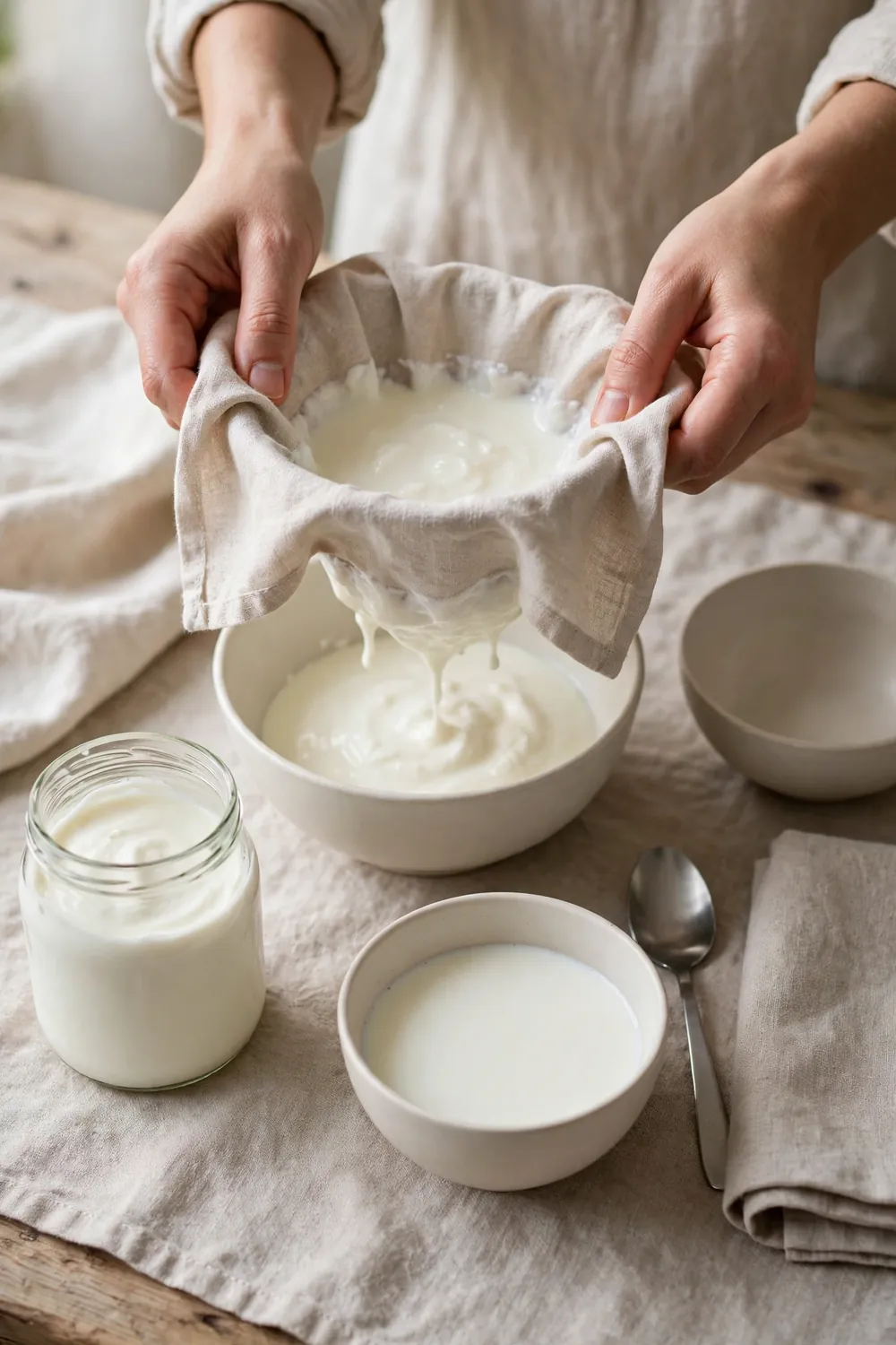 Straining yogurt through a cloth over a bowl