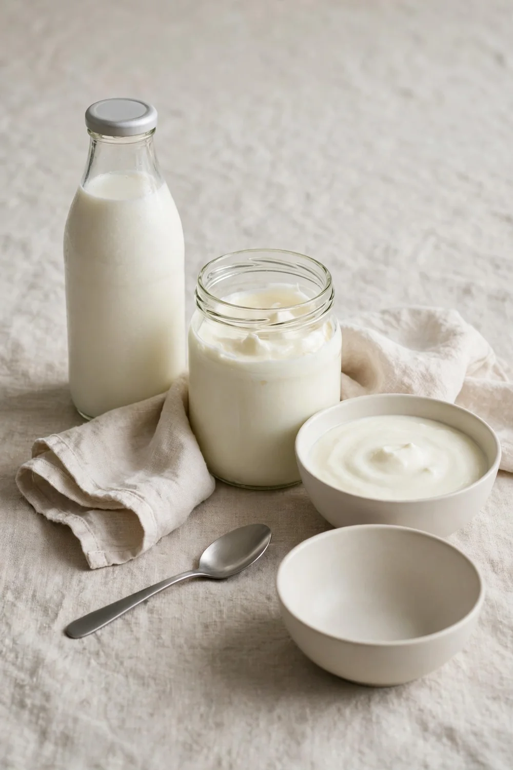 Bottle of whole milk beside a jar of yogurt