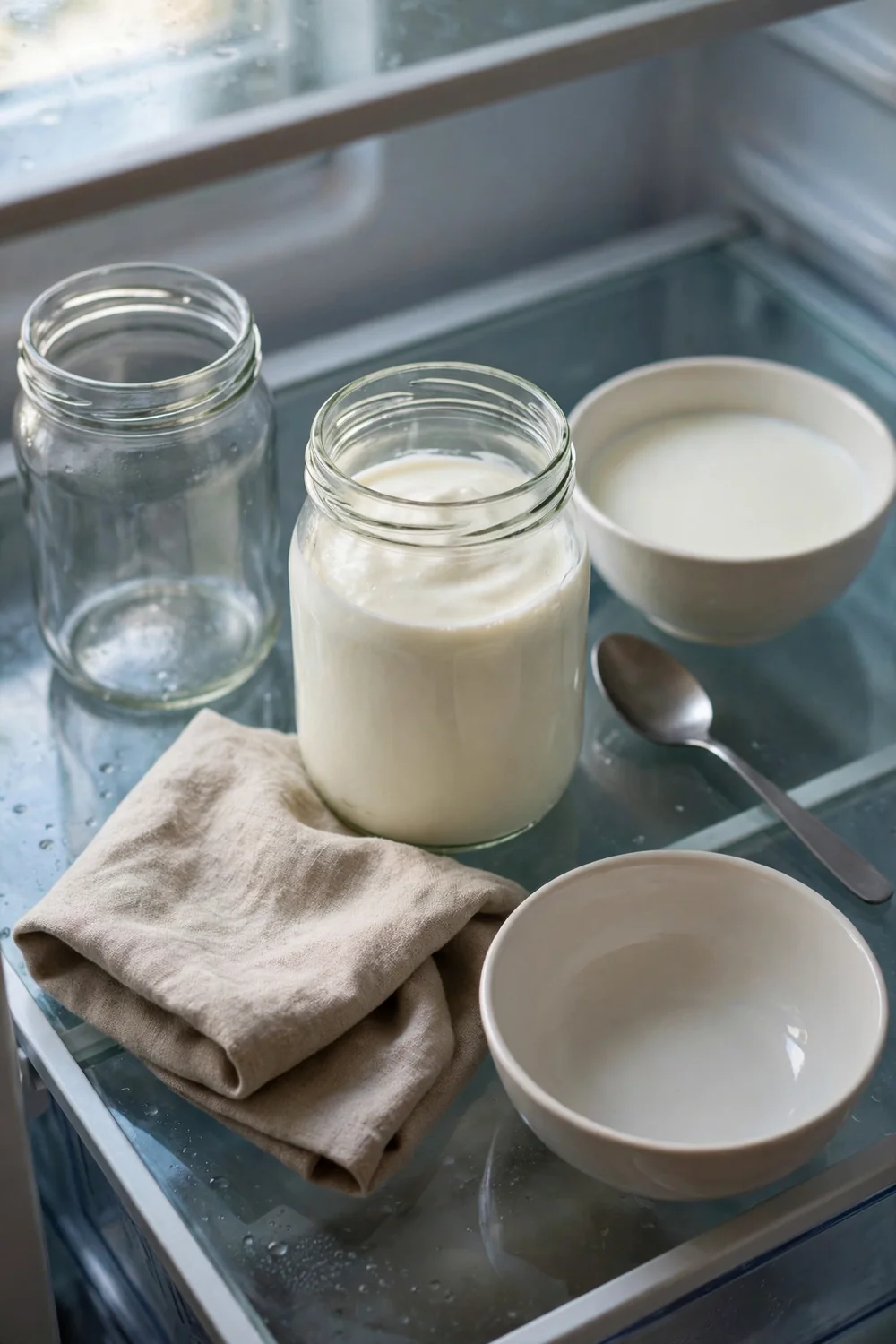 Jar of yogurt chilling in a fridge