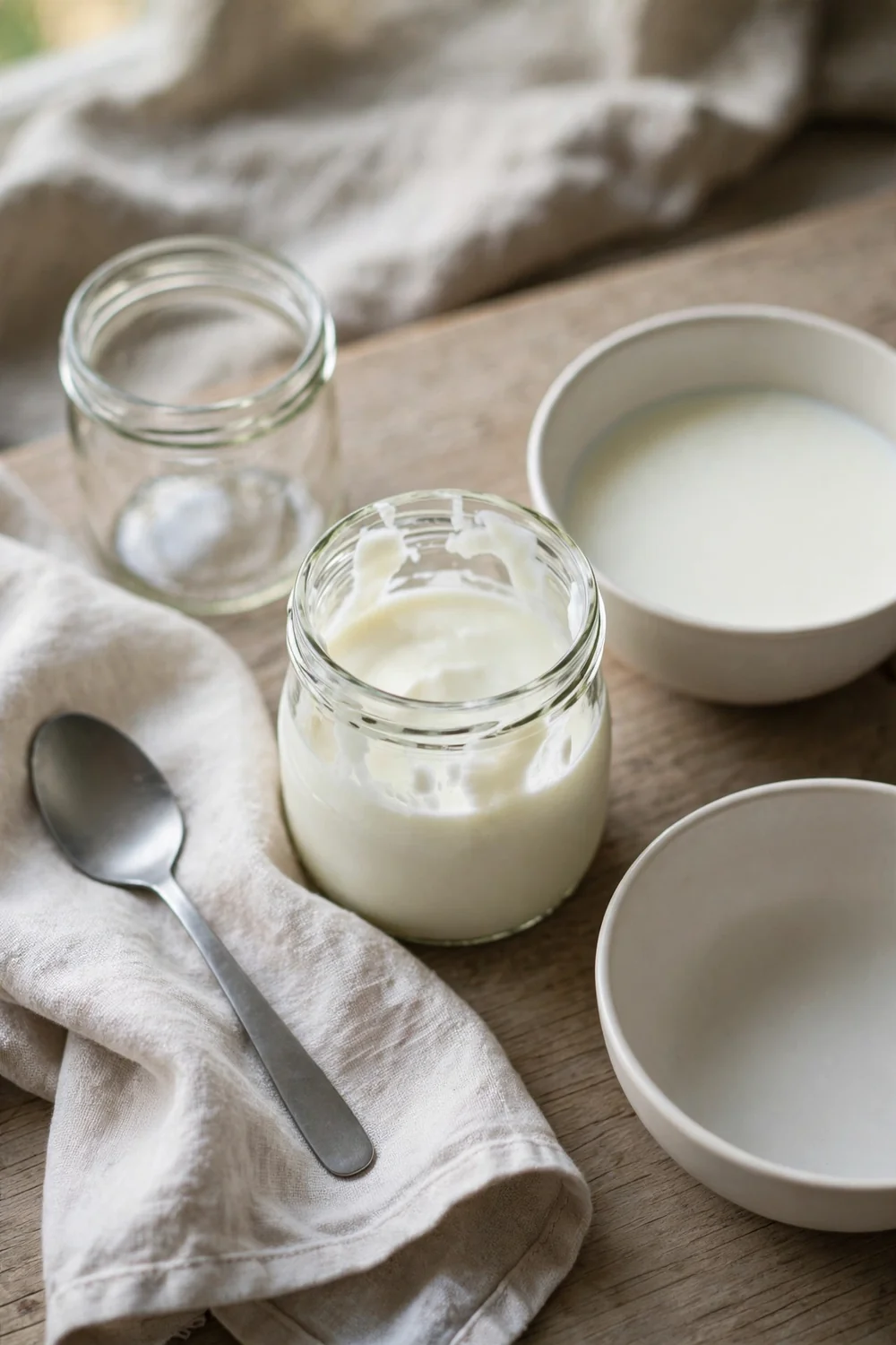 Single small jar of yogurt on a table
