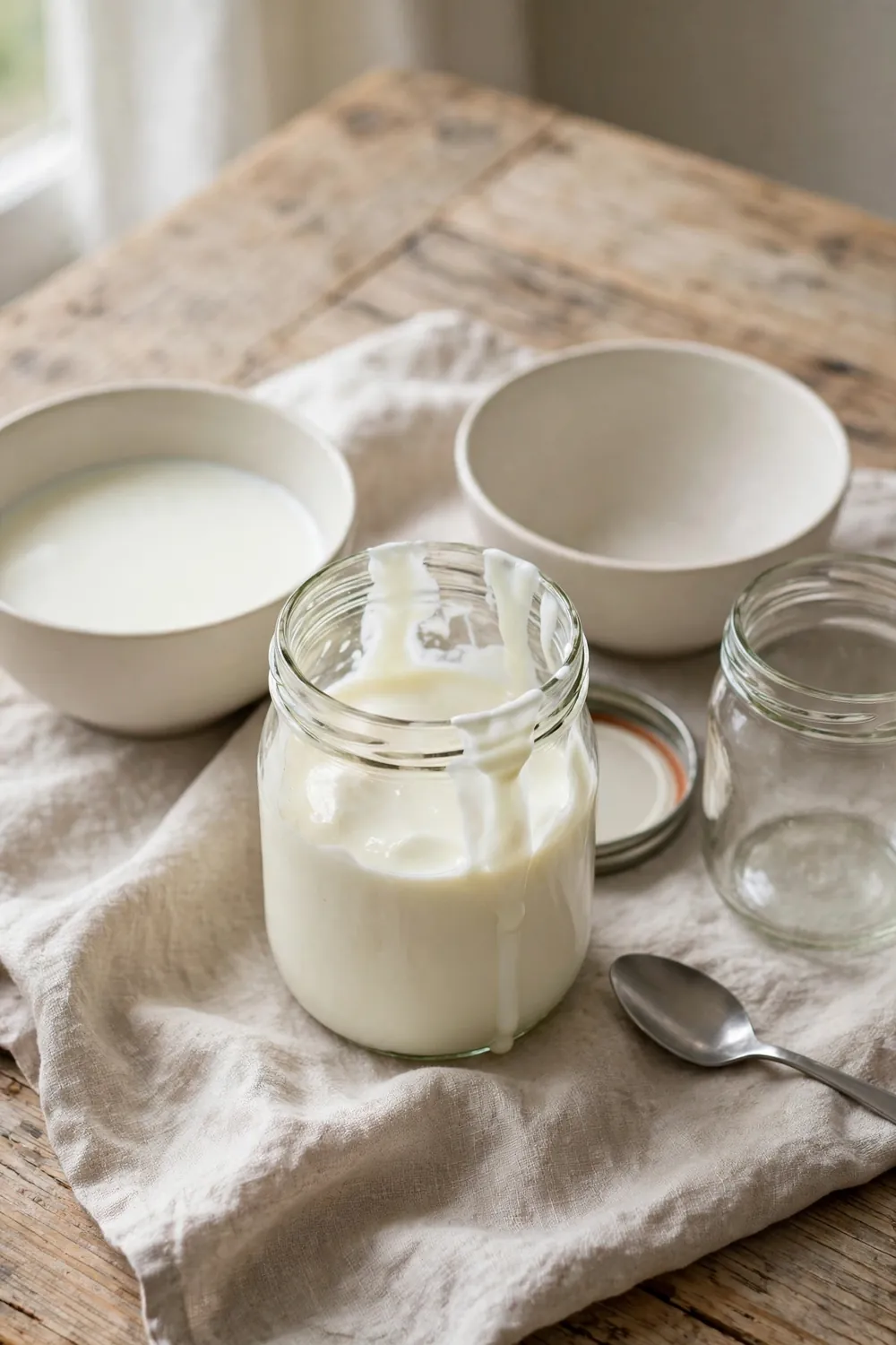 Jar of runny yogurt beside a bowl of milk