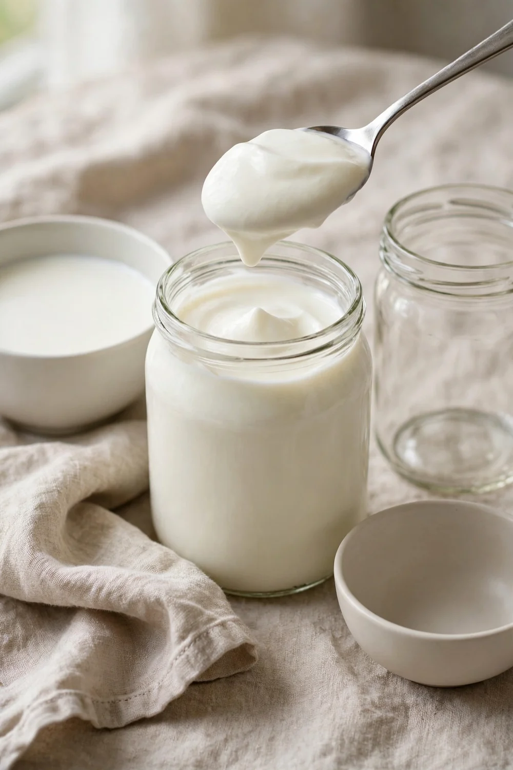 Thick creamy yogurt in a plain jar