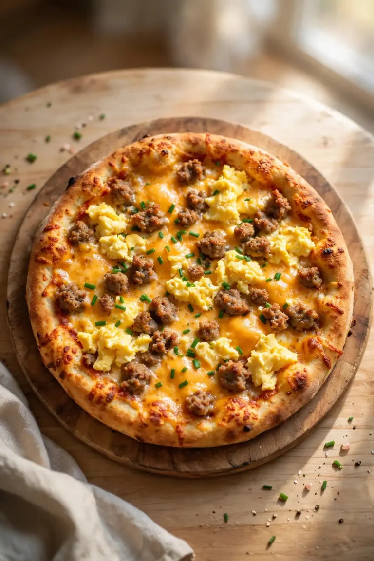 Classic sausage, egg, and cheddar morning pie with golden crust and melted cheese