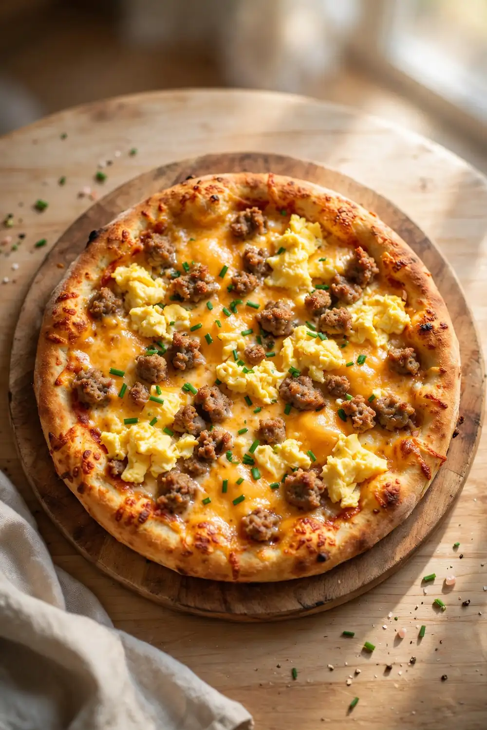 Classic sausage, egg, and cheddar morning pie with golden crust and melted cheese