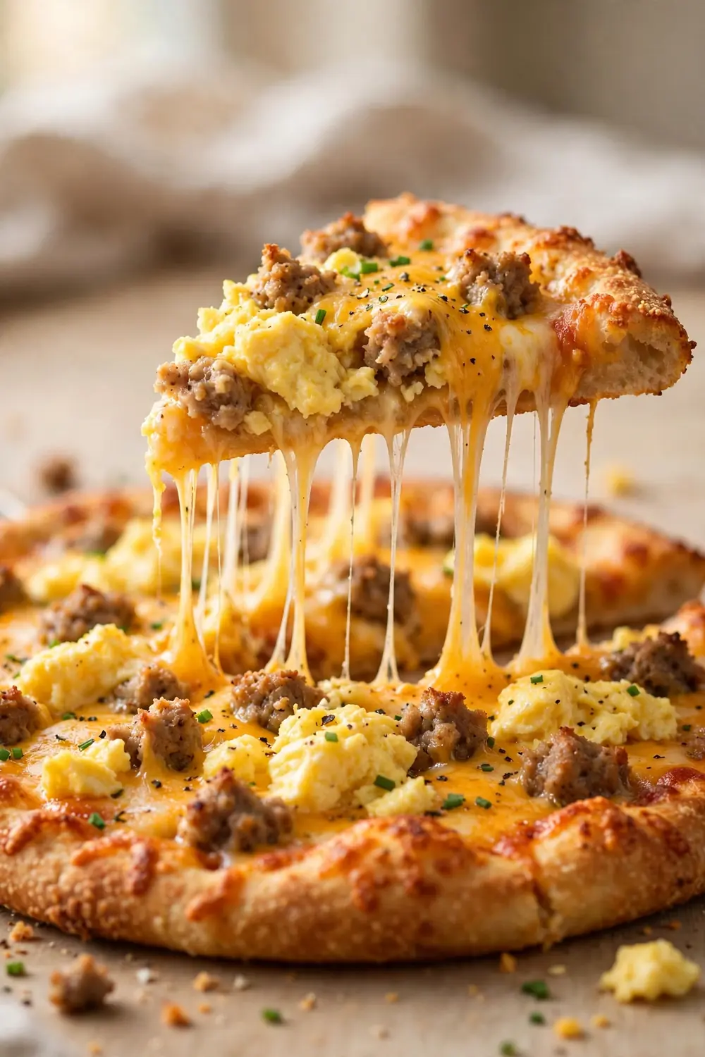 Cheddar egg melt morning pie with a spoon lifting stretchy melted cheese