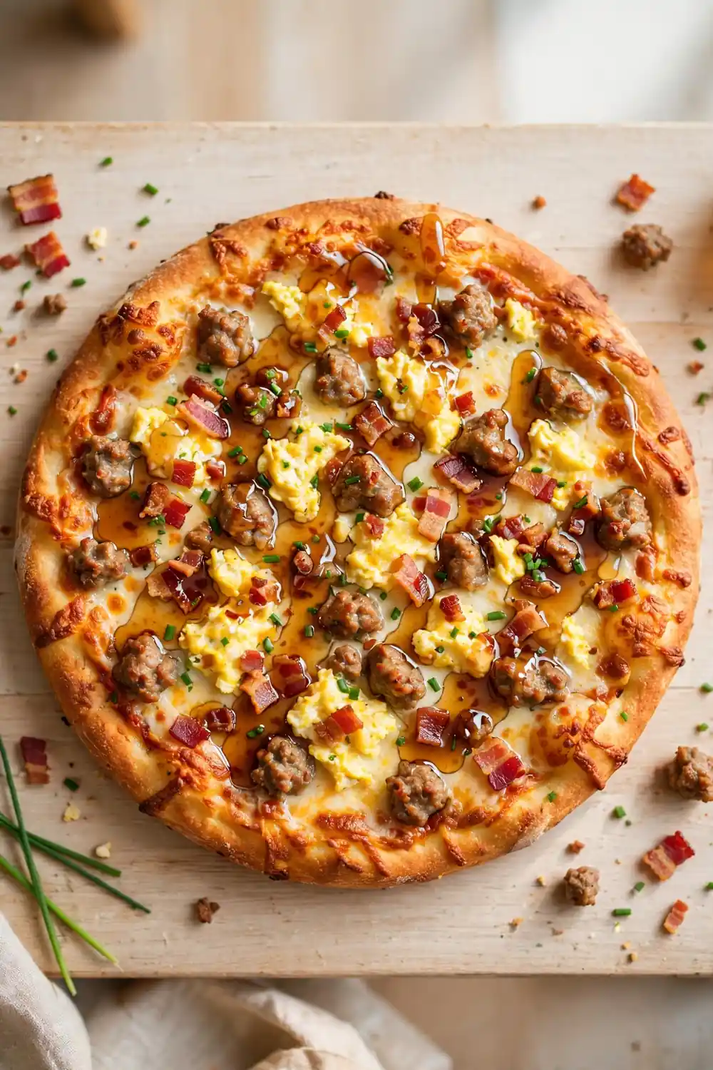 Maple bacon morning pie with crisp bacon, sausage, eggs, and maple drizzle