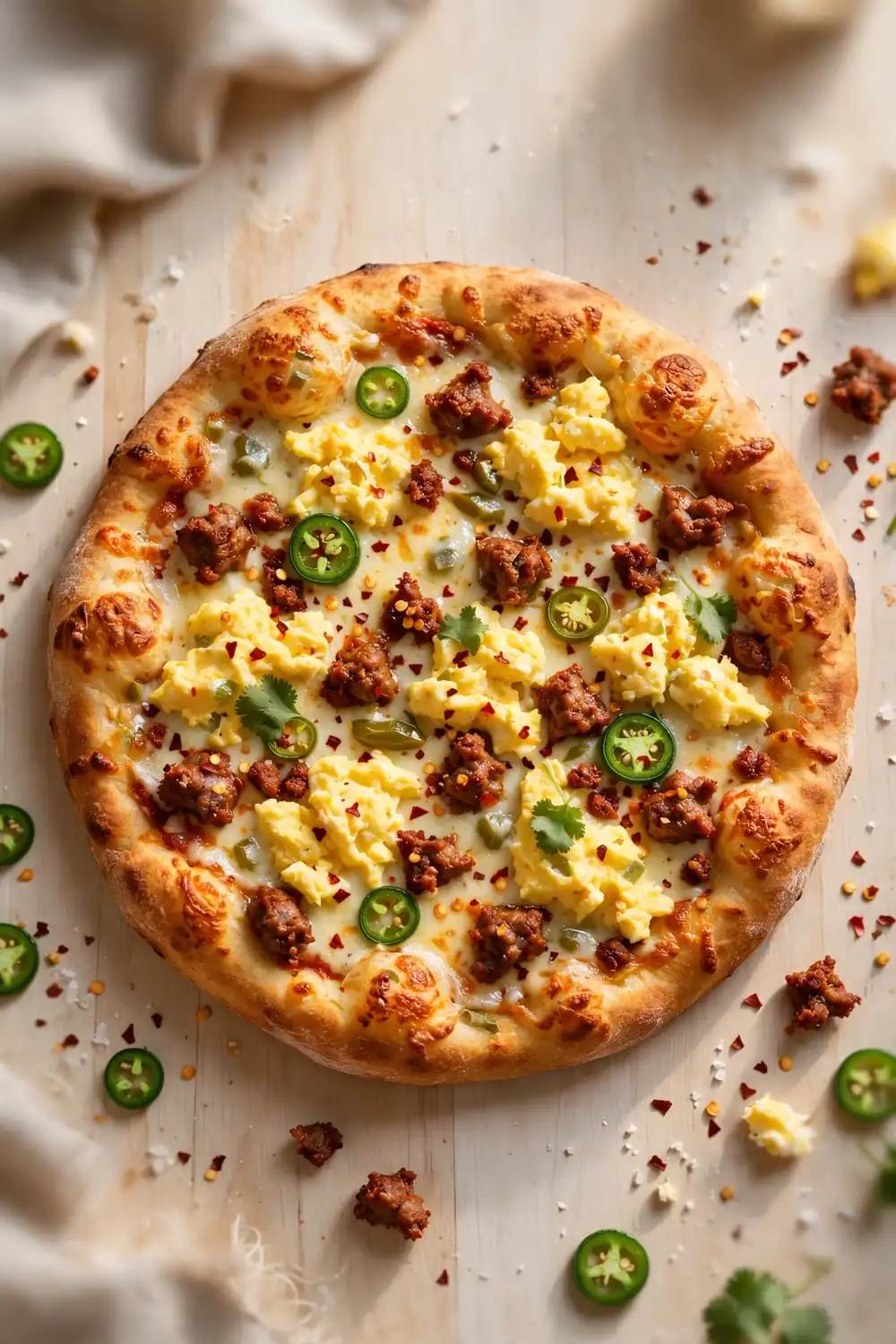 Spicy chorizo morning pie with smoky sausage, eggs, melted cheese, and peppers