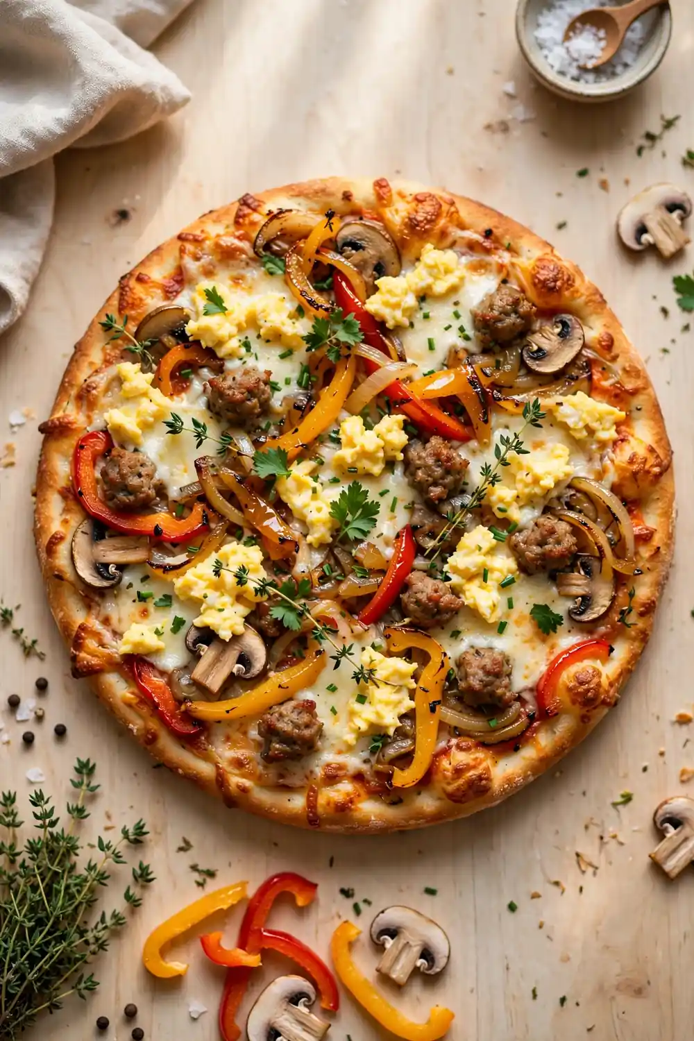 Garden veggie morning pie with peppers, mushrooms, sausage, eggs, and herbs