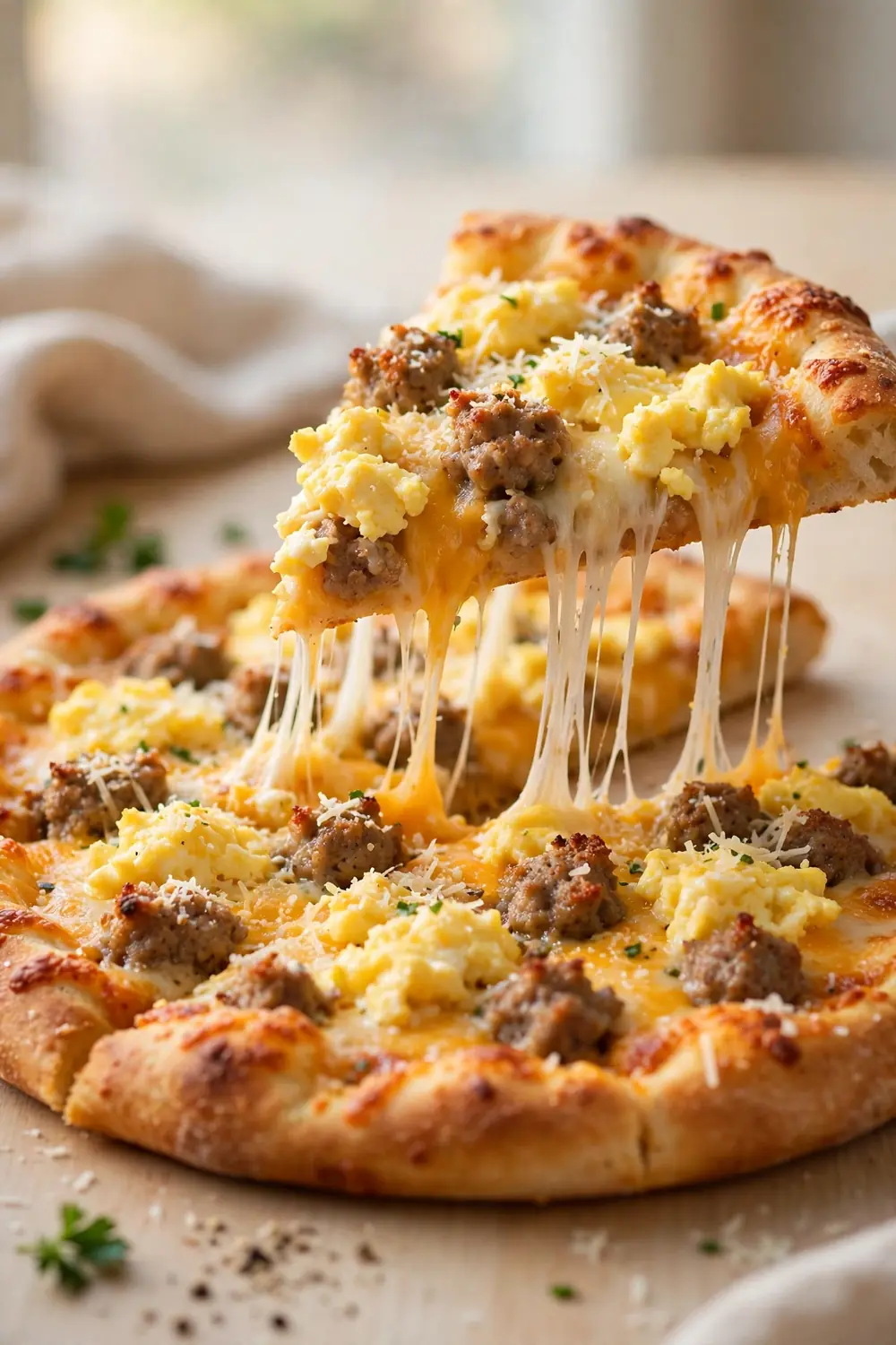 Three cheese morning pie with stretching mozzarella, cheddar, and parmesan
