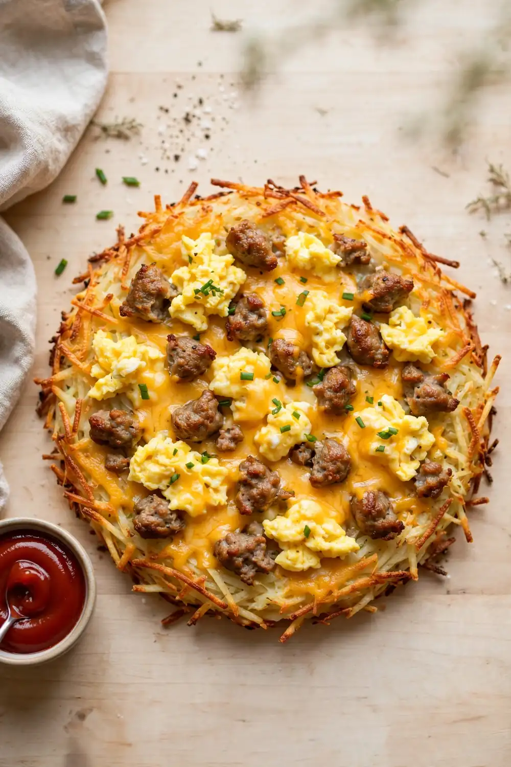 Crispy hash brown morning pie with golden potato layer, sausage, and eggs