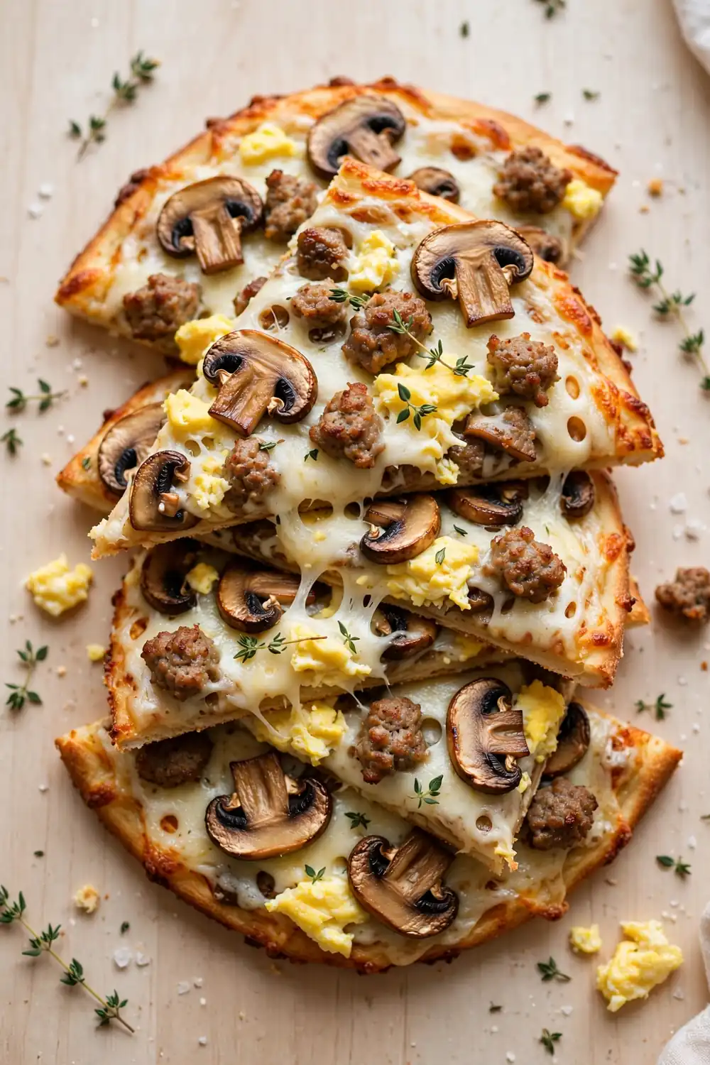 Mushroom swiss morning pie in layered slices with browned mushrooms and melted swiss