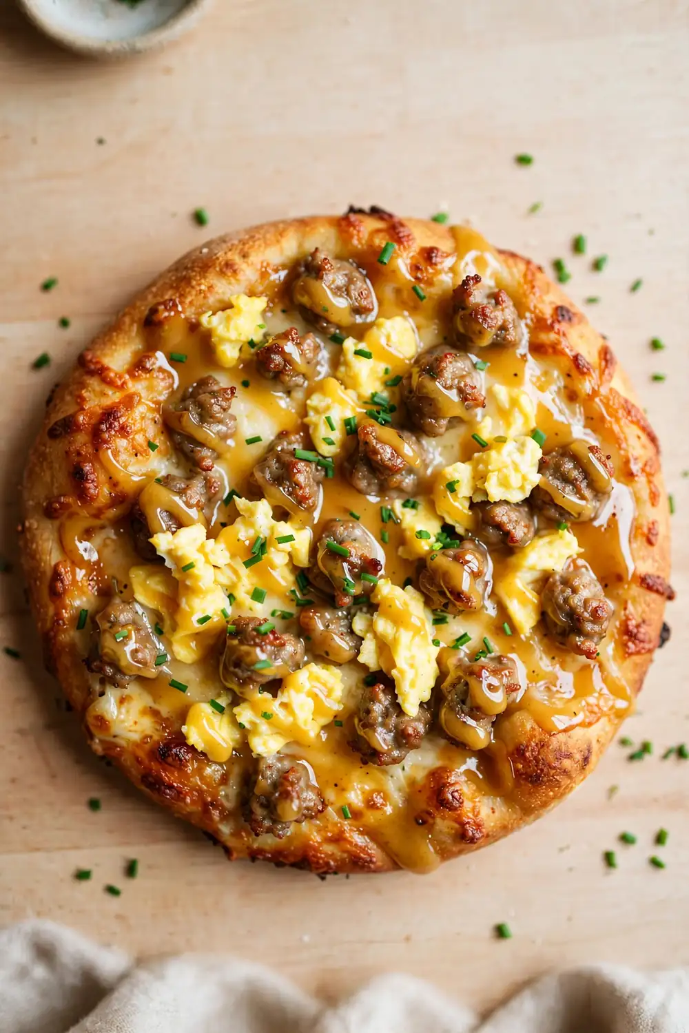 Honey mustard glazed morning pie with glossy golden top, sausage, and eggs