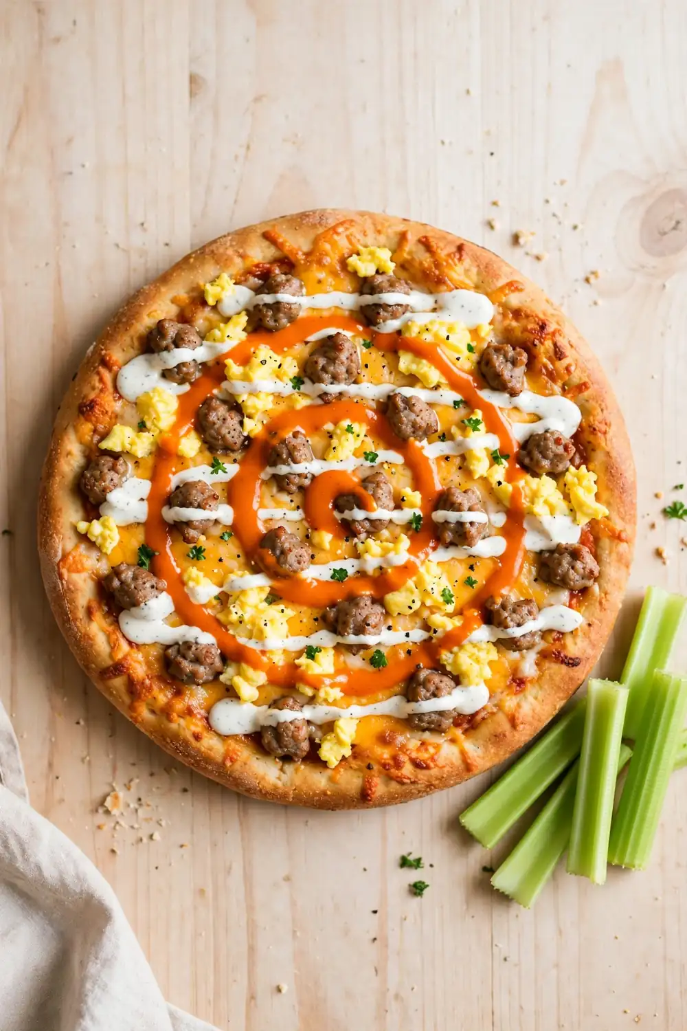 Buffalo ranch morning pie with spicy sauce swirl, ranch drizzle, and sausage