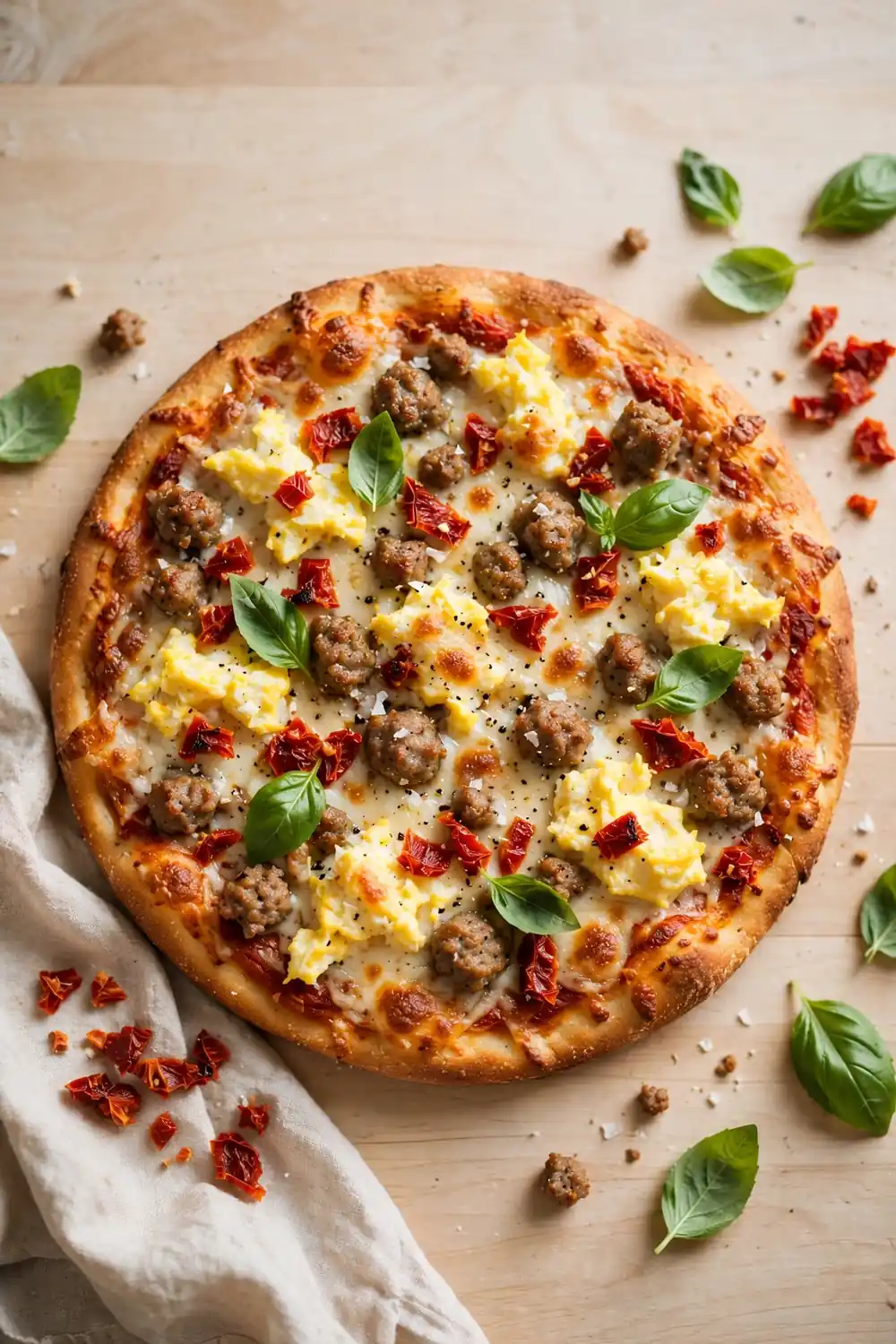 Sun dried tomato morning pie with chopped tomatoes, basil, mozzarella, and sausage