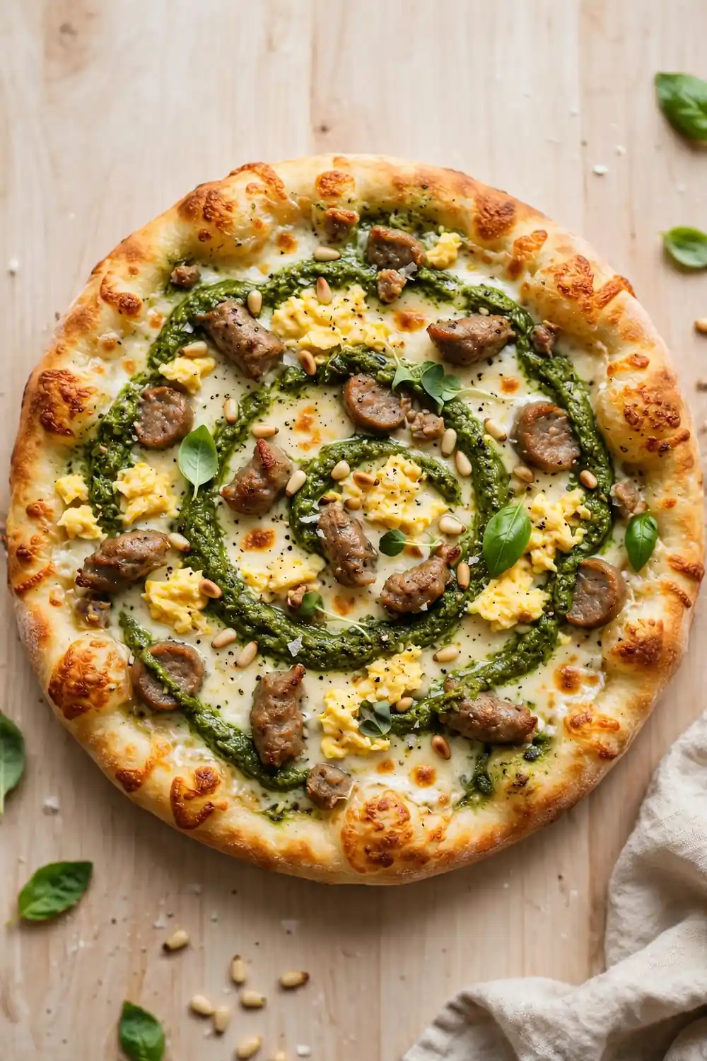 Pesto swirl morning pie with green basil ribbons, sausage, eggs, and cheese