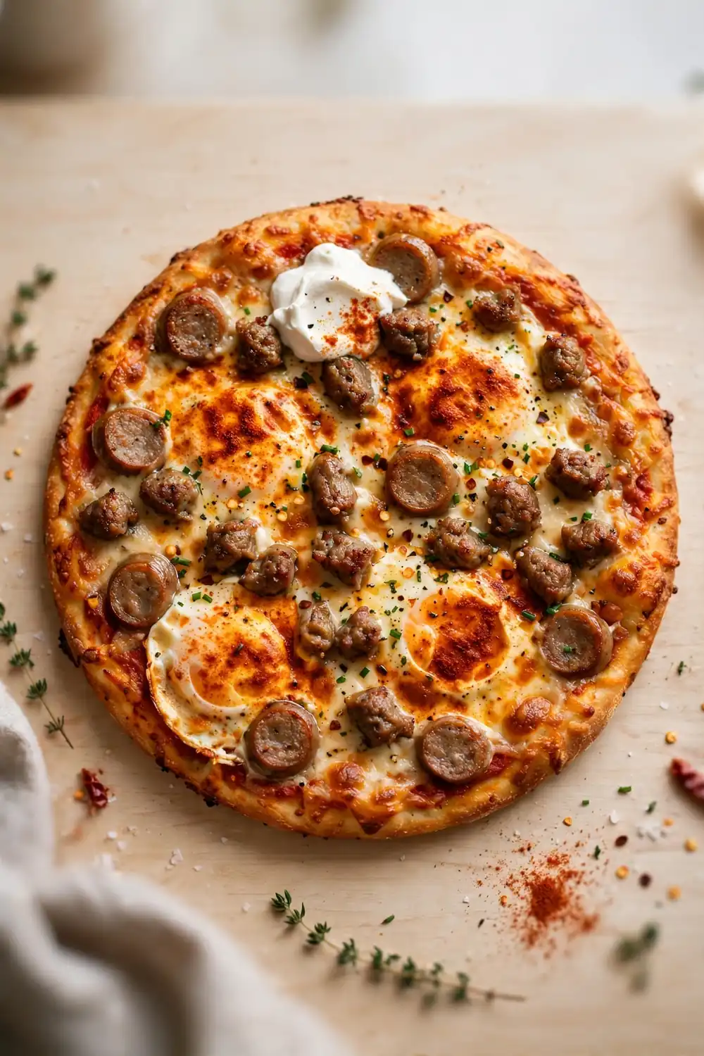 Smoky paprika morning pie with deep golden color, sausage, eggs, and sour cream