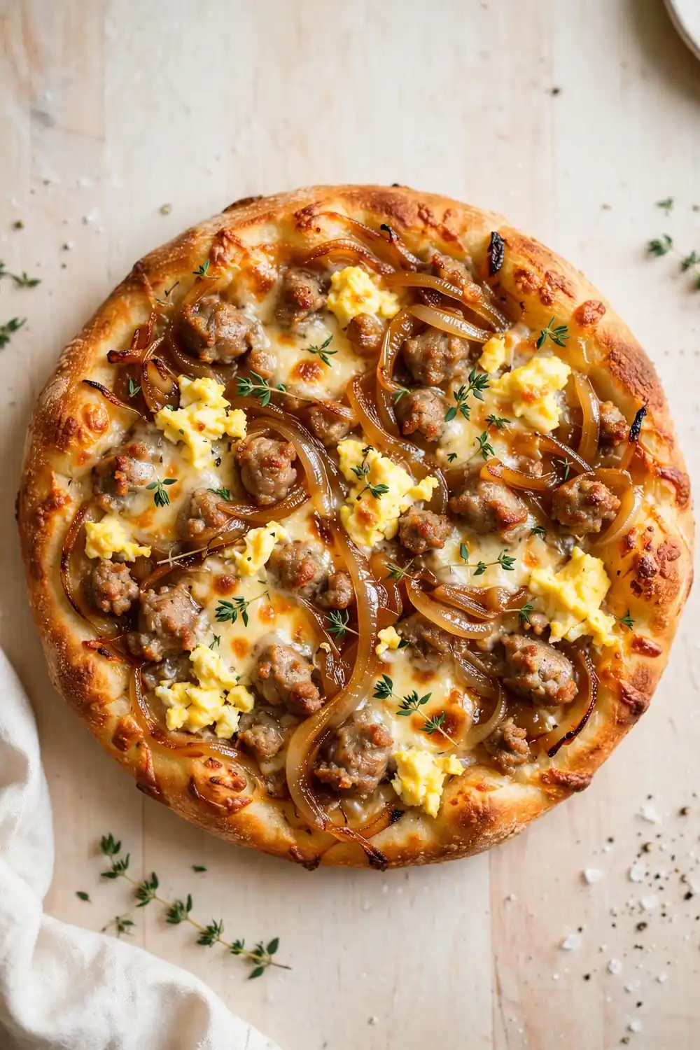Caramelized onion morning pie with deep golden onions, gruyere, and sausage