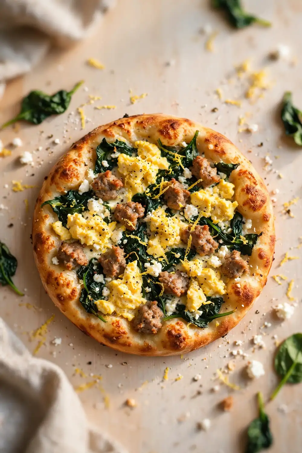 Spinach feta morning pie with wilted spinach, tangy feta, sausage, and eggs