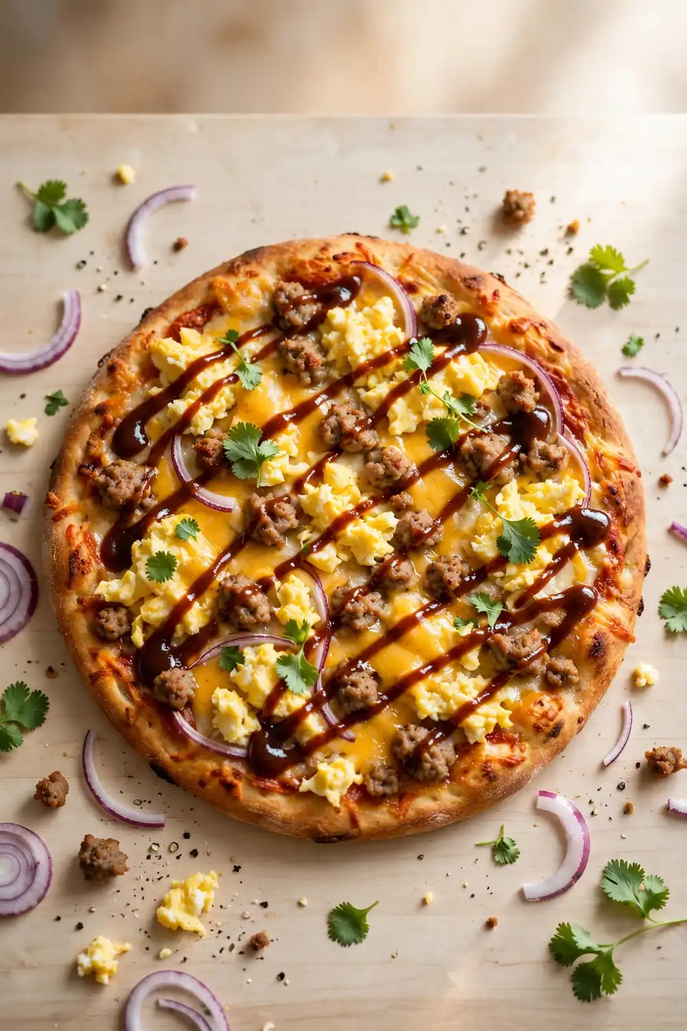 BBQ sauce morning pie with smoky drizzle, sausage, cheddar, red onion, and cilantro