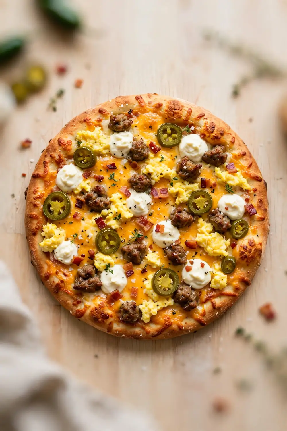 Jalapeno popper morning pie with cream cheese dollops, jalapenos, sausage, and cheddar