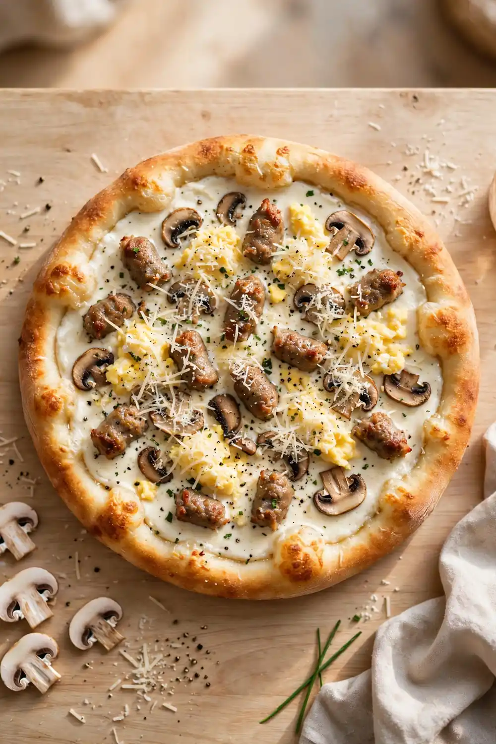 Alfredo cream morning pie with silky parmesan sauce, sausage, mushrooms, and eggs