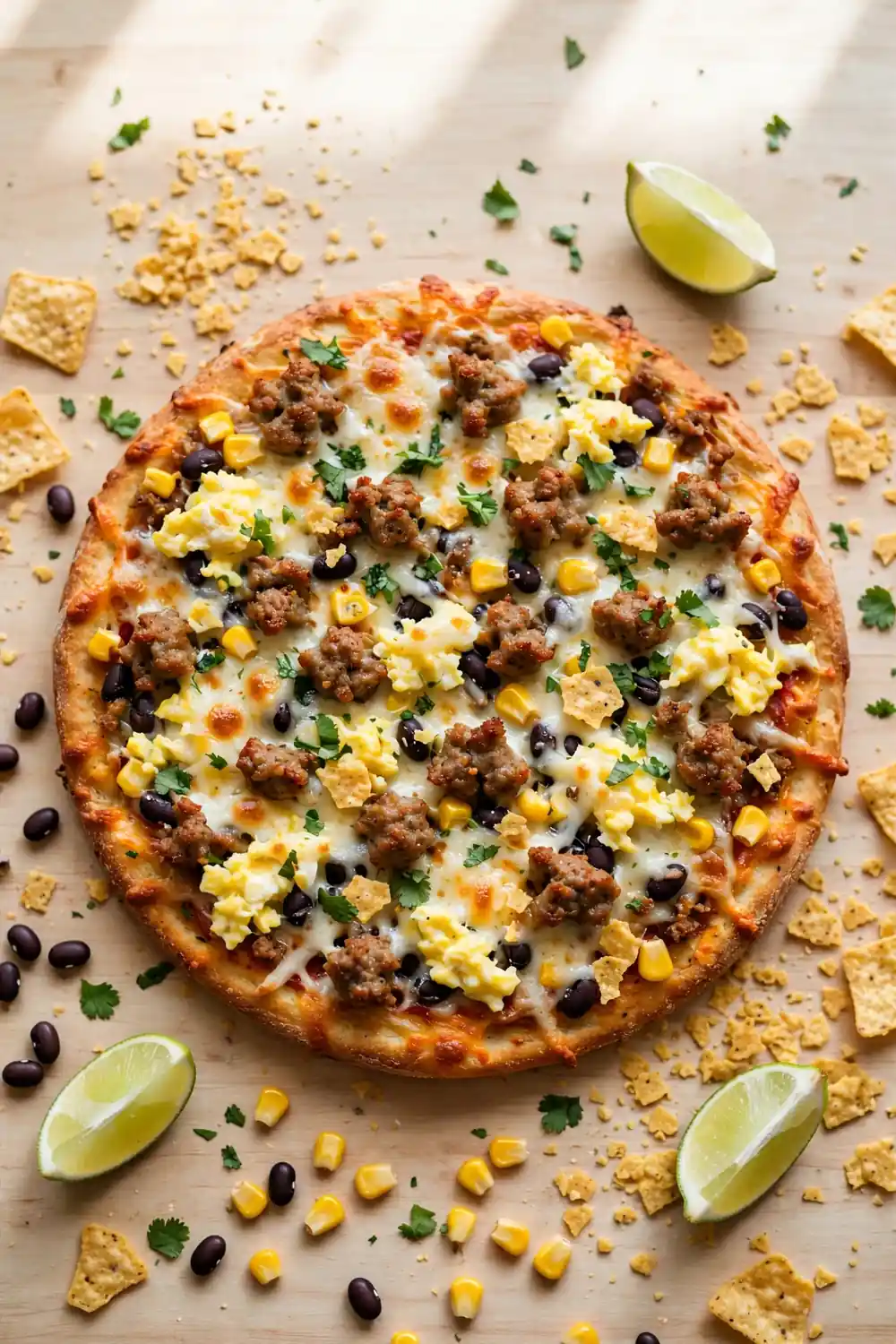 Southwest taco spice morning pie with corn, black beans, pepper jack, and cilantro
