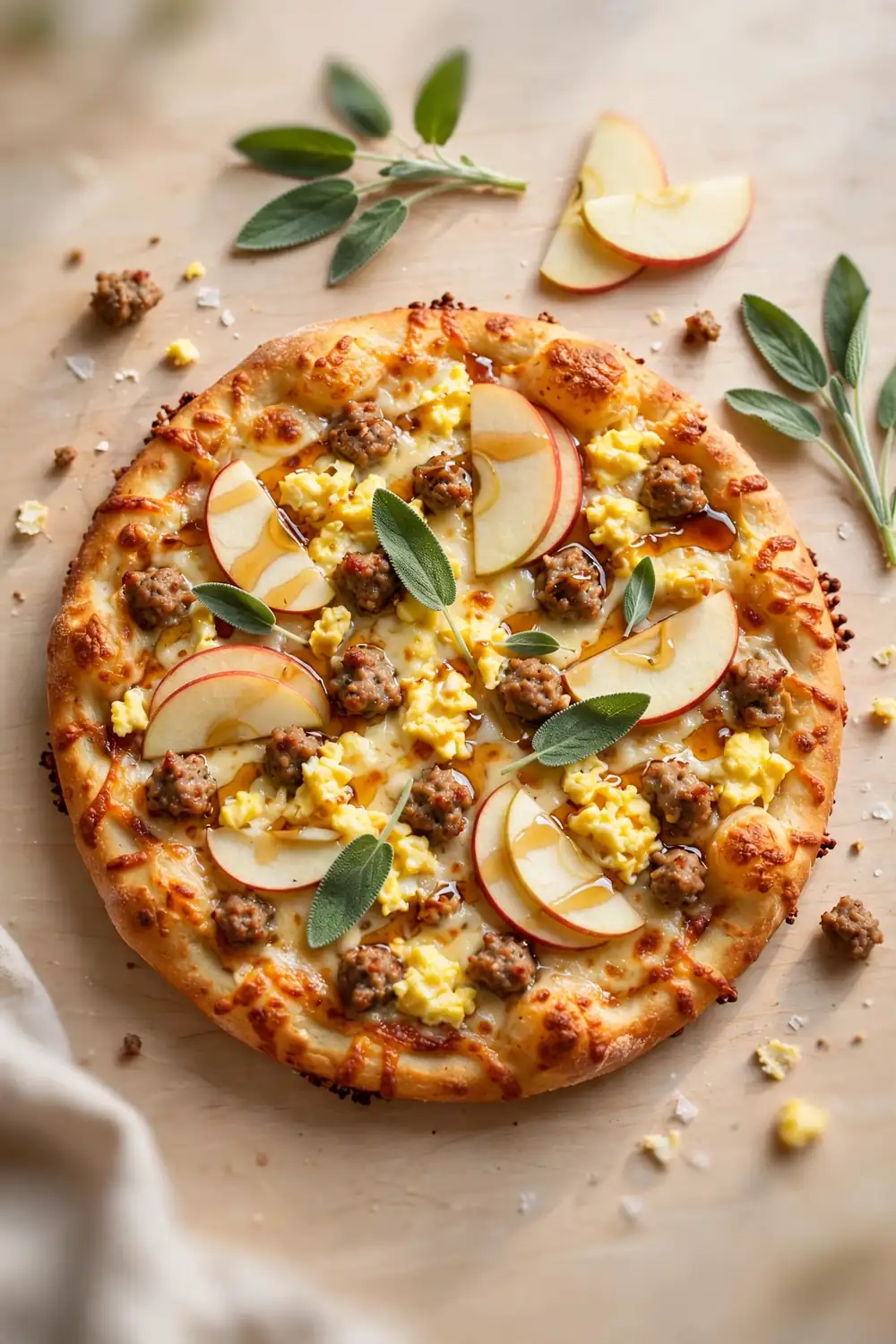 Apple sage morning pie with thin apple slices, fresh sage, sausage, and cheese