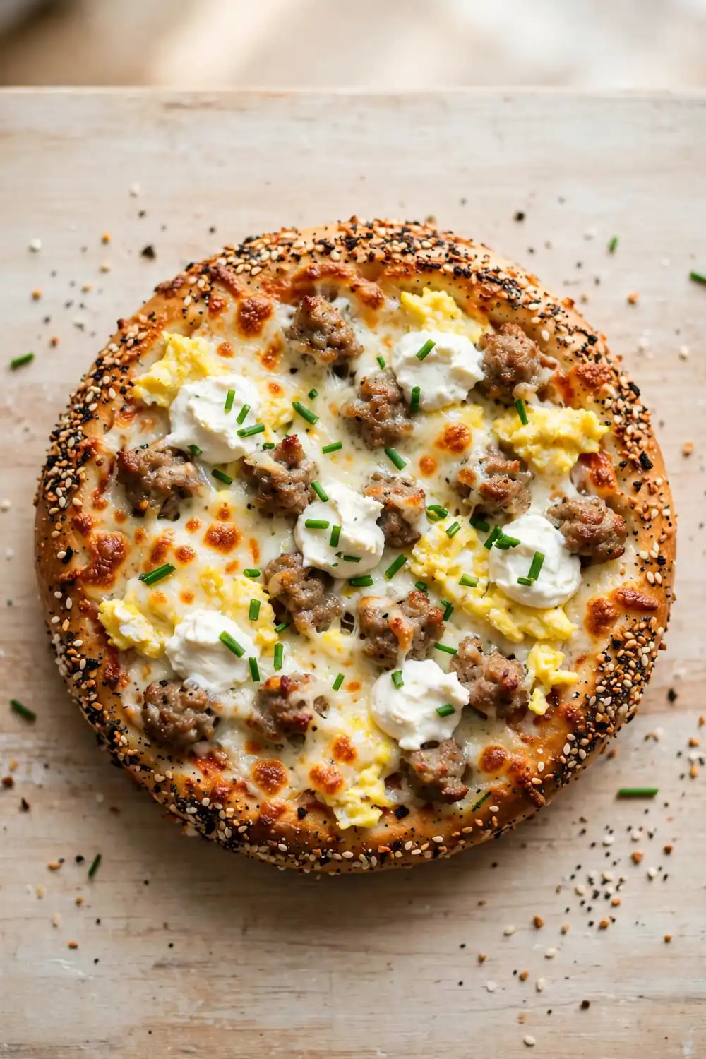 Everything bagel morning pie with seedy crust edge, cream cheese, sausage, and eggs