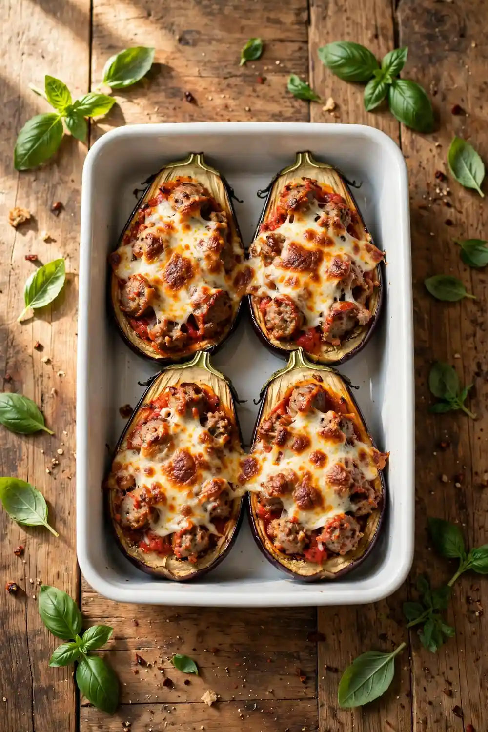 Halved eggplants filled with Italian sausage, tomato sauce, and melted mozzarella in a white baking dish