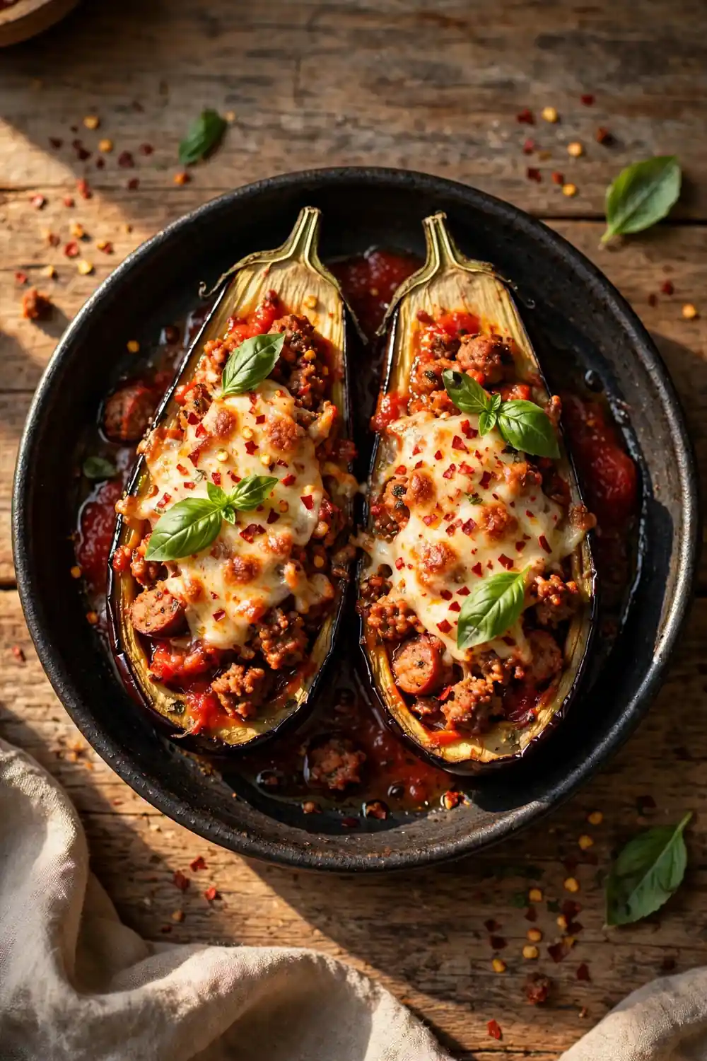 Spicy sausage filled eggplant halves with chili flakes, melted cheese, and fresh basil leaves