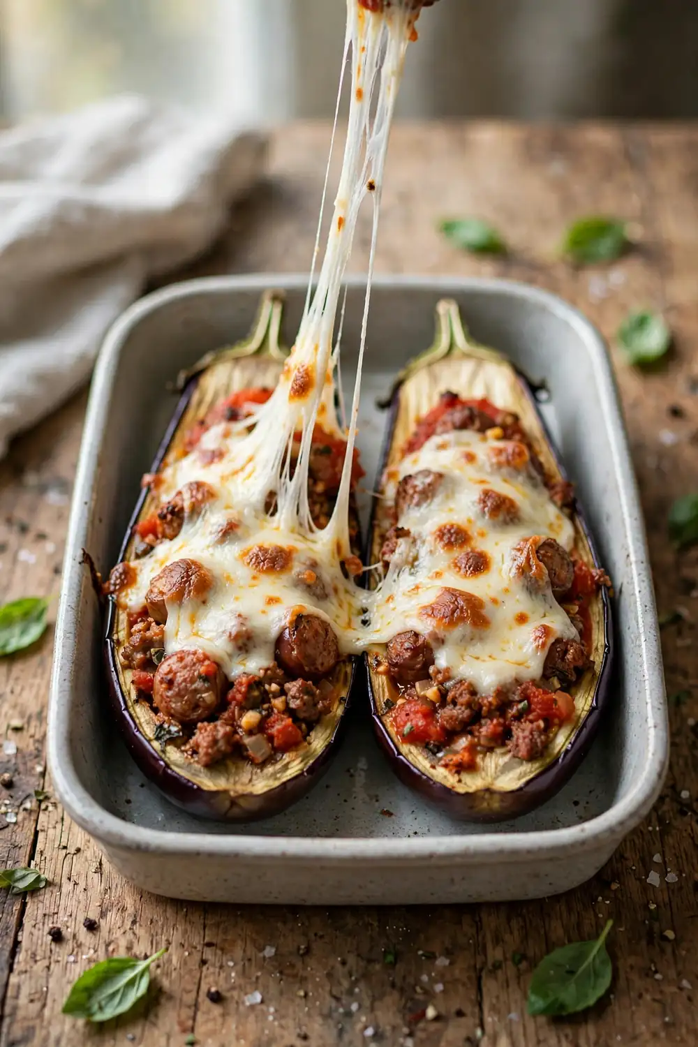 Eggplant halves covered in stretchy melted mozzarella over sausage and tomato filling