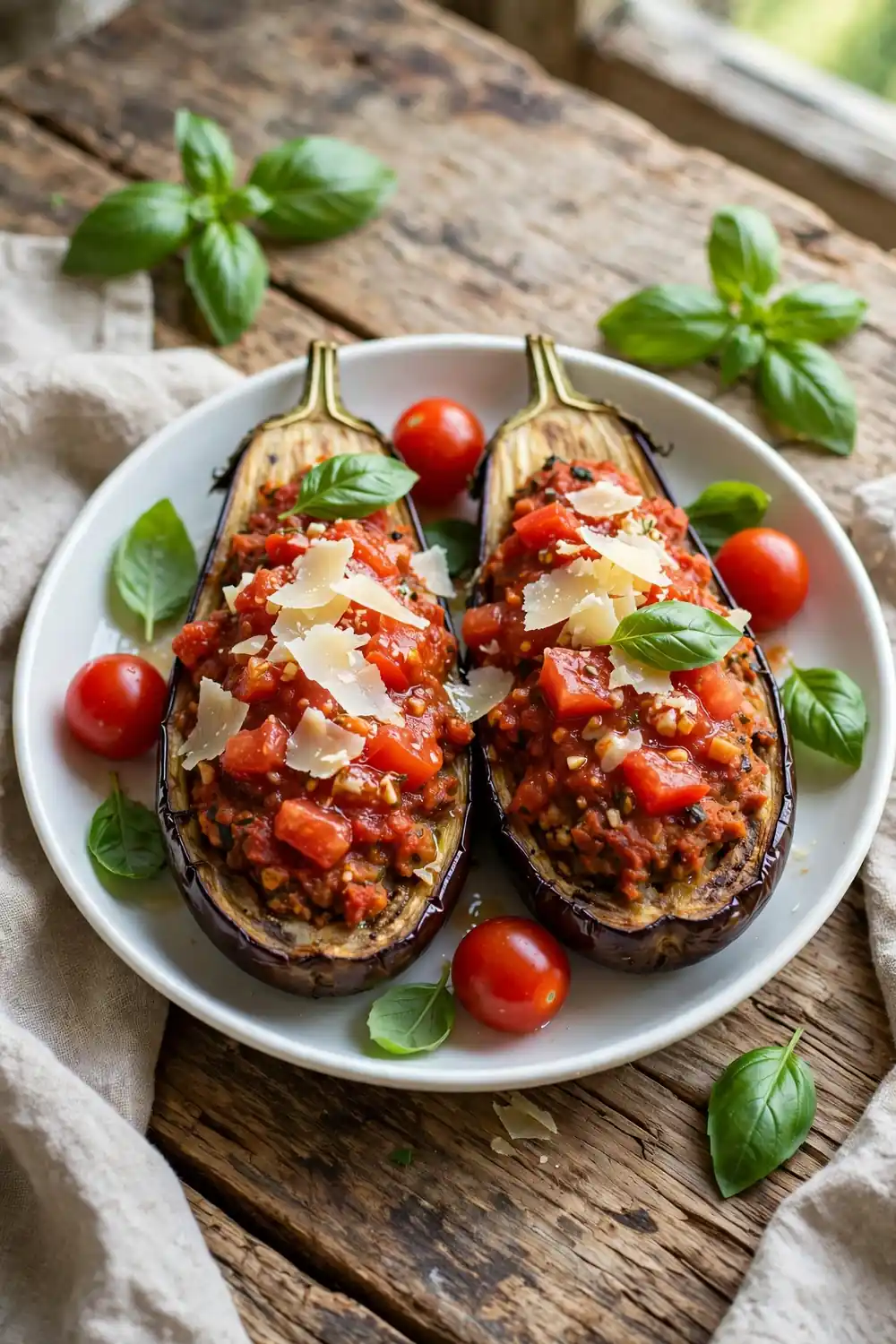 Stuffed eggplant boats topped with fresh tomato basil sauce and shaved parmesan