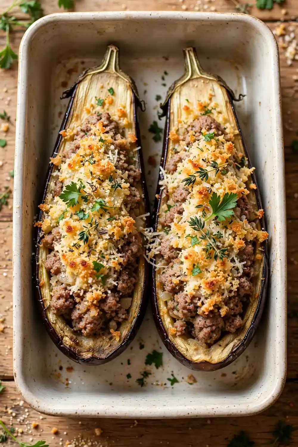 Stuffed eggplant halves with golden garlic parmesan crust and herbs in a baking dish