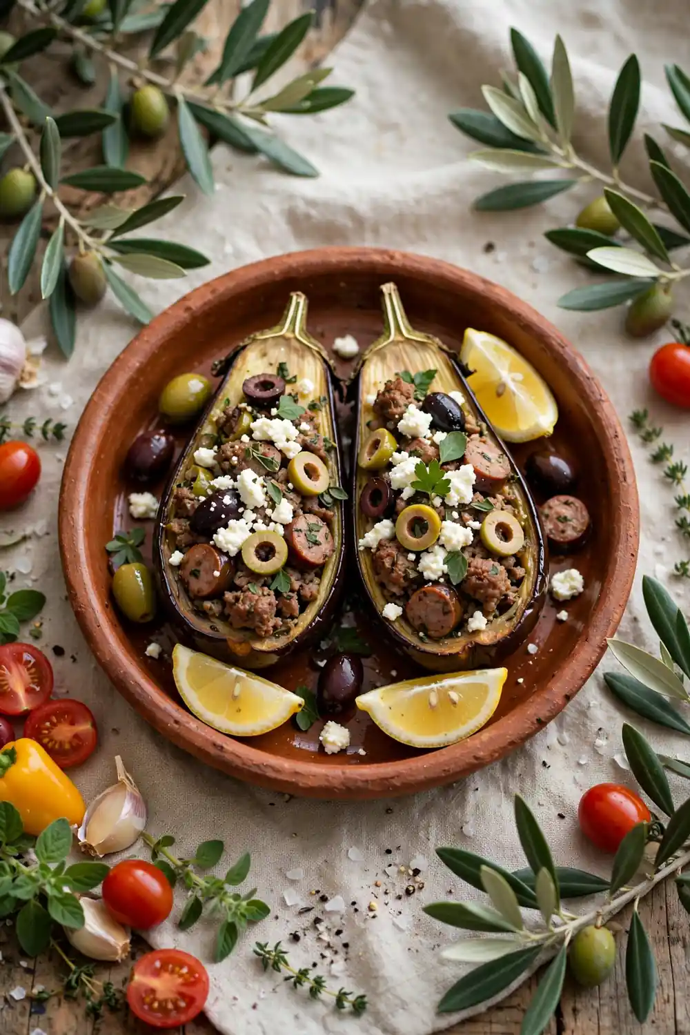 Mediterranean stuffed eggplant with olives, feta, sausage, and lemon in a rustic dish