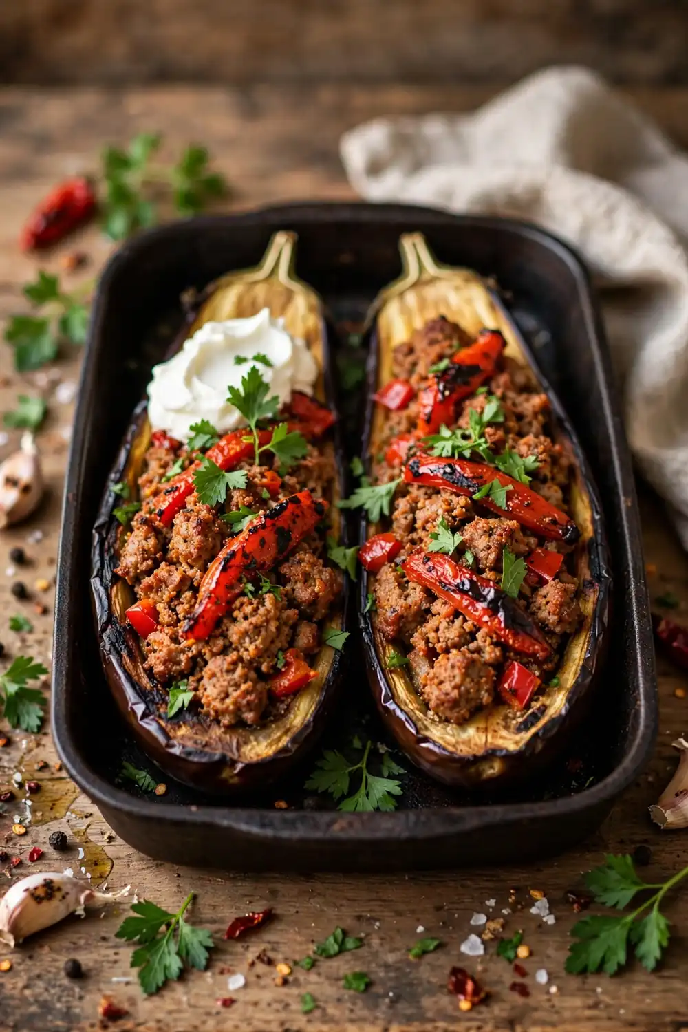 Smoky paprika sausage filled eggplant boats with charred edges and parsley