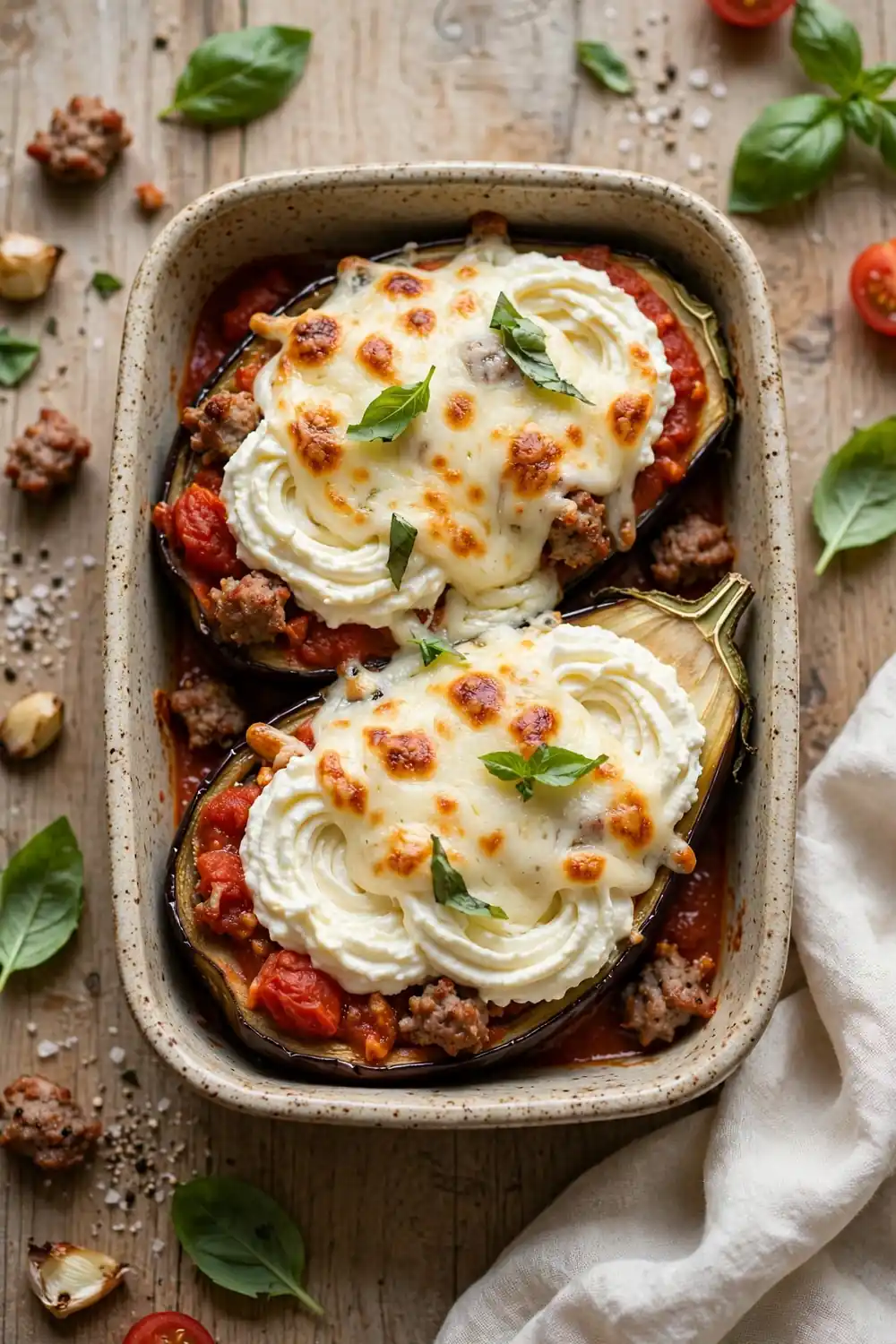 Creamy ricotta layered stuffed eggplant with sausage, tomato, and basil