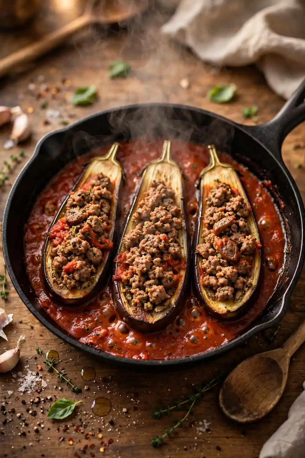 Weeknight skillet with sausage filled eggplant boats simmering in tomato sauce