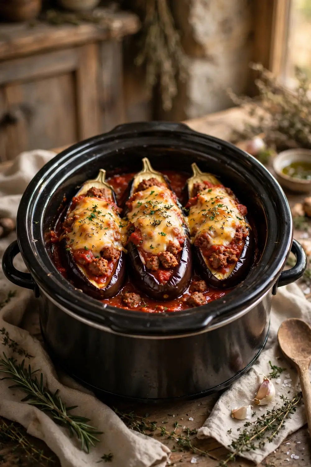 Slow cooker stuffed eggplant boats with sausage, melted cheese, and tomato sauce