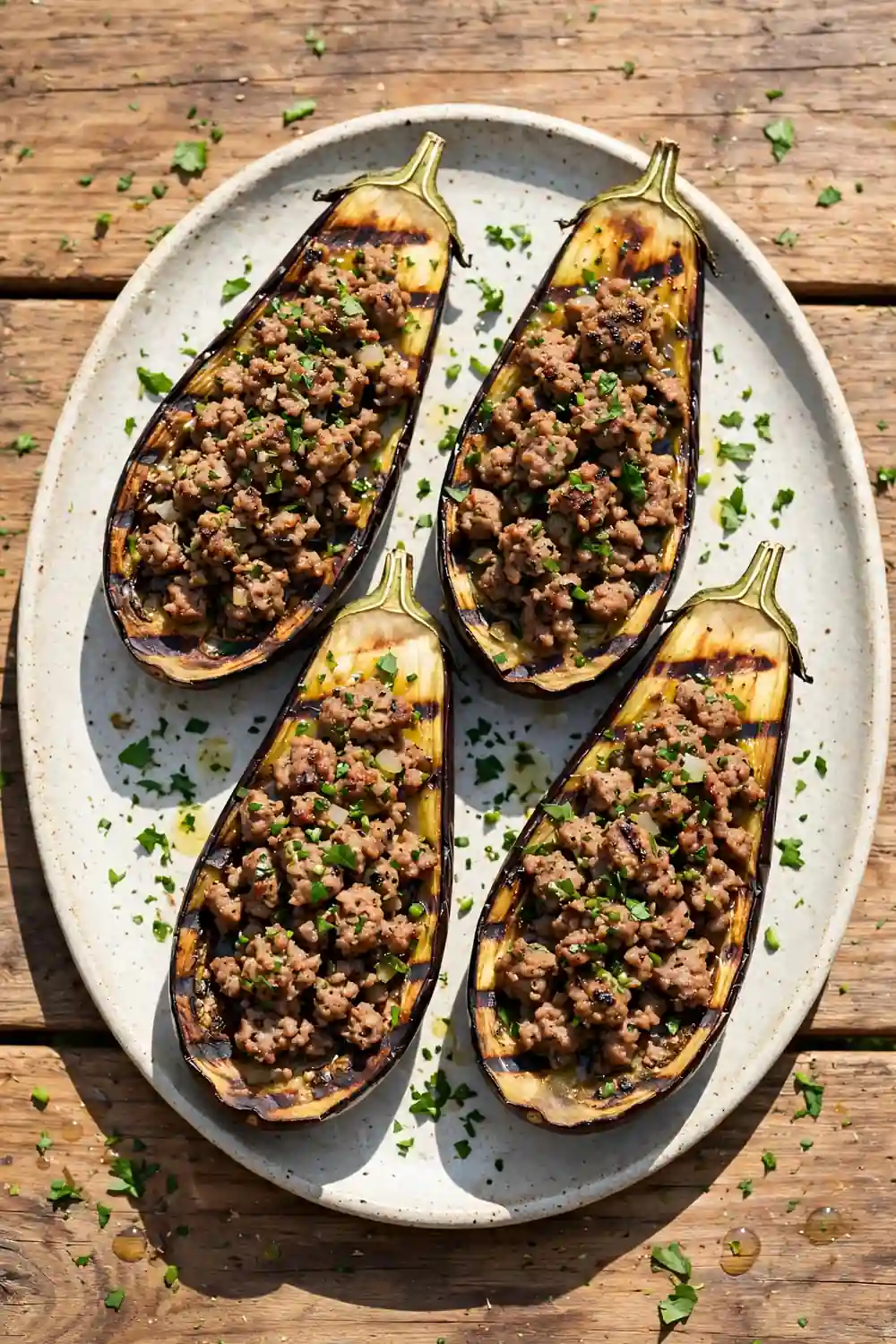 Grilled eggplant boats with sausage filling and char marks on a serving platter