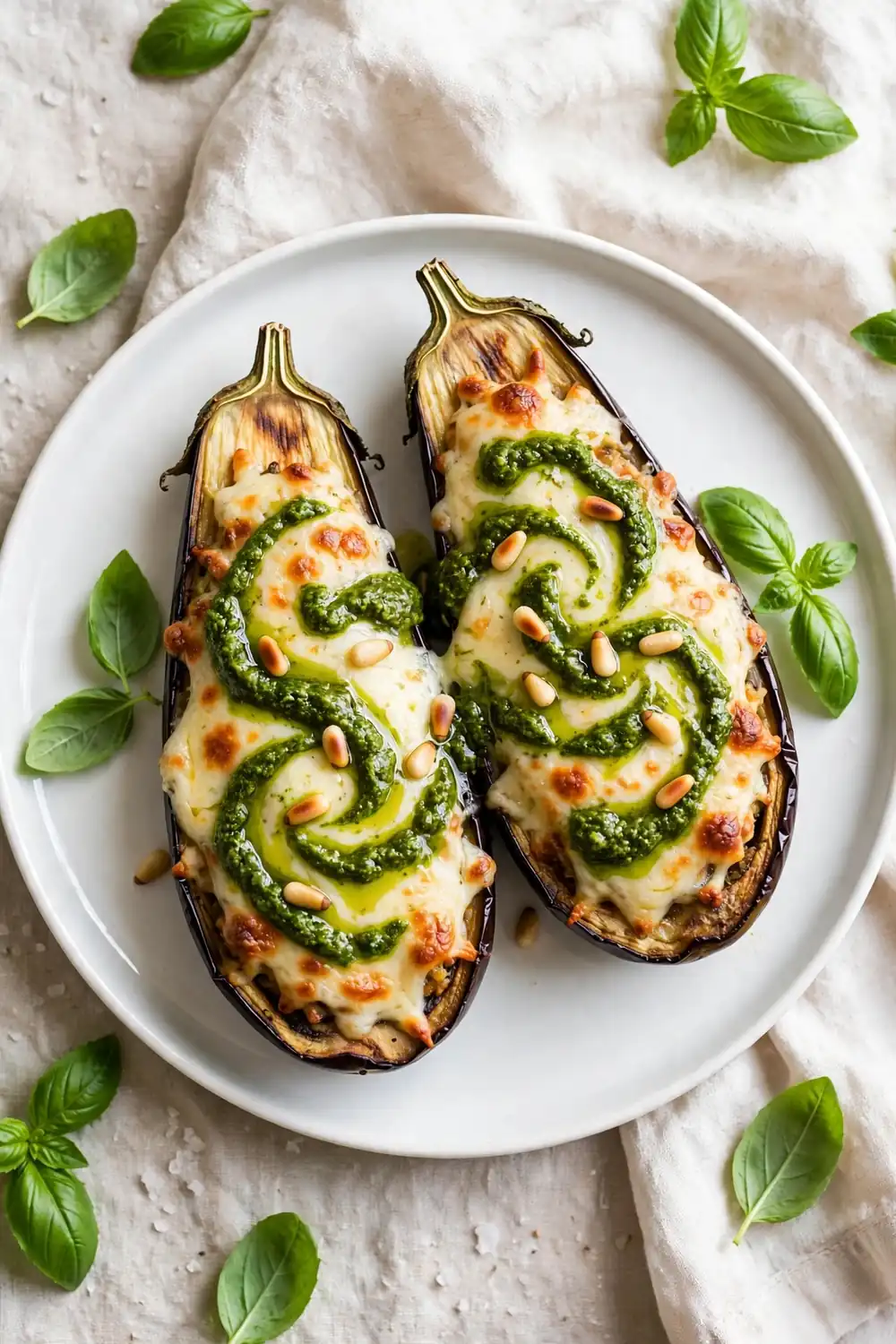 Stuffed eggplant boats with green basil pesto drizzle and pine nuts