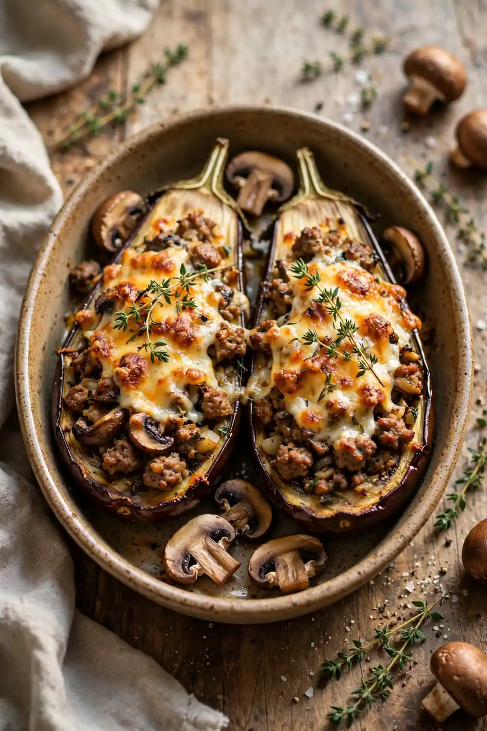 Stuffed eggplant with mushroom and sausage filling, golden cheese, and thyme