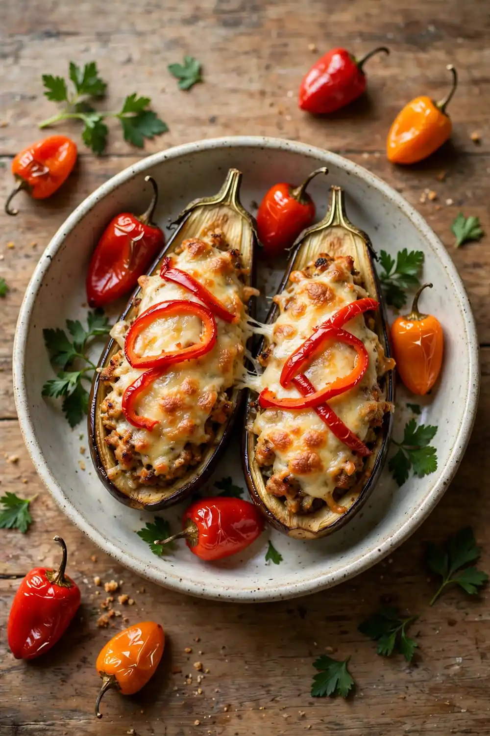 Stuffed eggplant boats topped with roasted red peppers and melted cheese