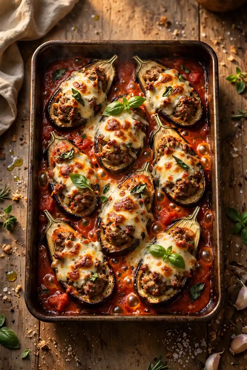 One pan family bake of sausage filled eggplant boats with bubbling tomato sauce