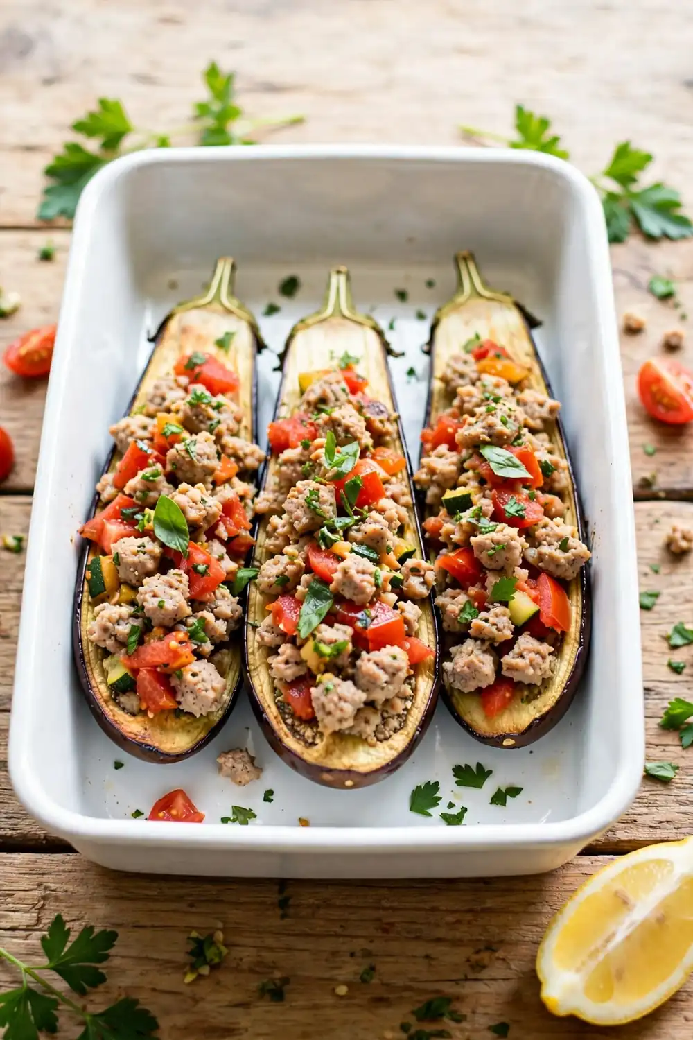 Lighter stuffed eggplant boats with ground turkey sausage, tomatoes, and herbs