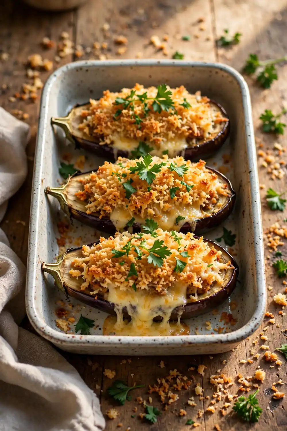 Stuffed eggplant boats with crispy golden breadcrumb topping and parsley