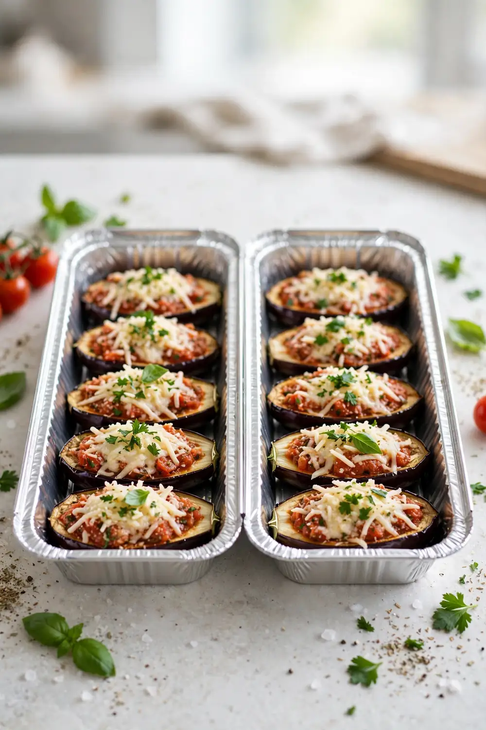 Freezer friendly stuffed eggplant boats in foil trays ready for baking