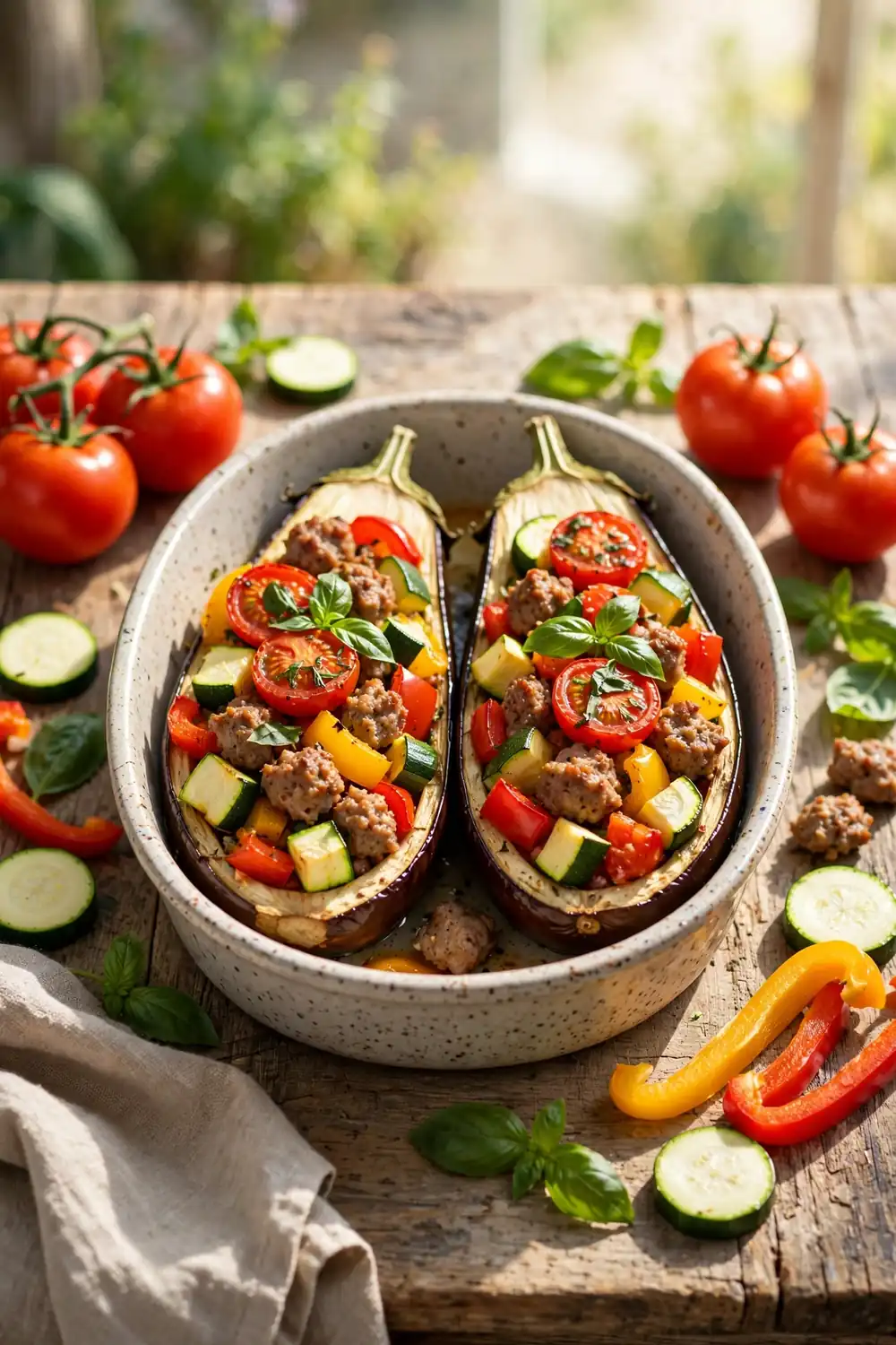 Garden stuffed eggplant with zucchini, peppers, sausage, and fresh tomatoes