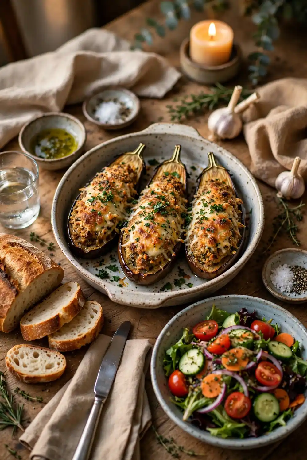 Cozy Sunday dinner table with baked stuffed eggplant boats and bread